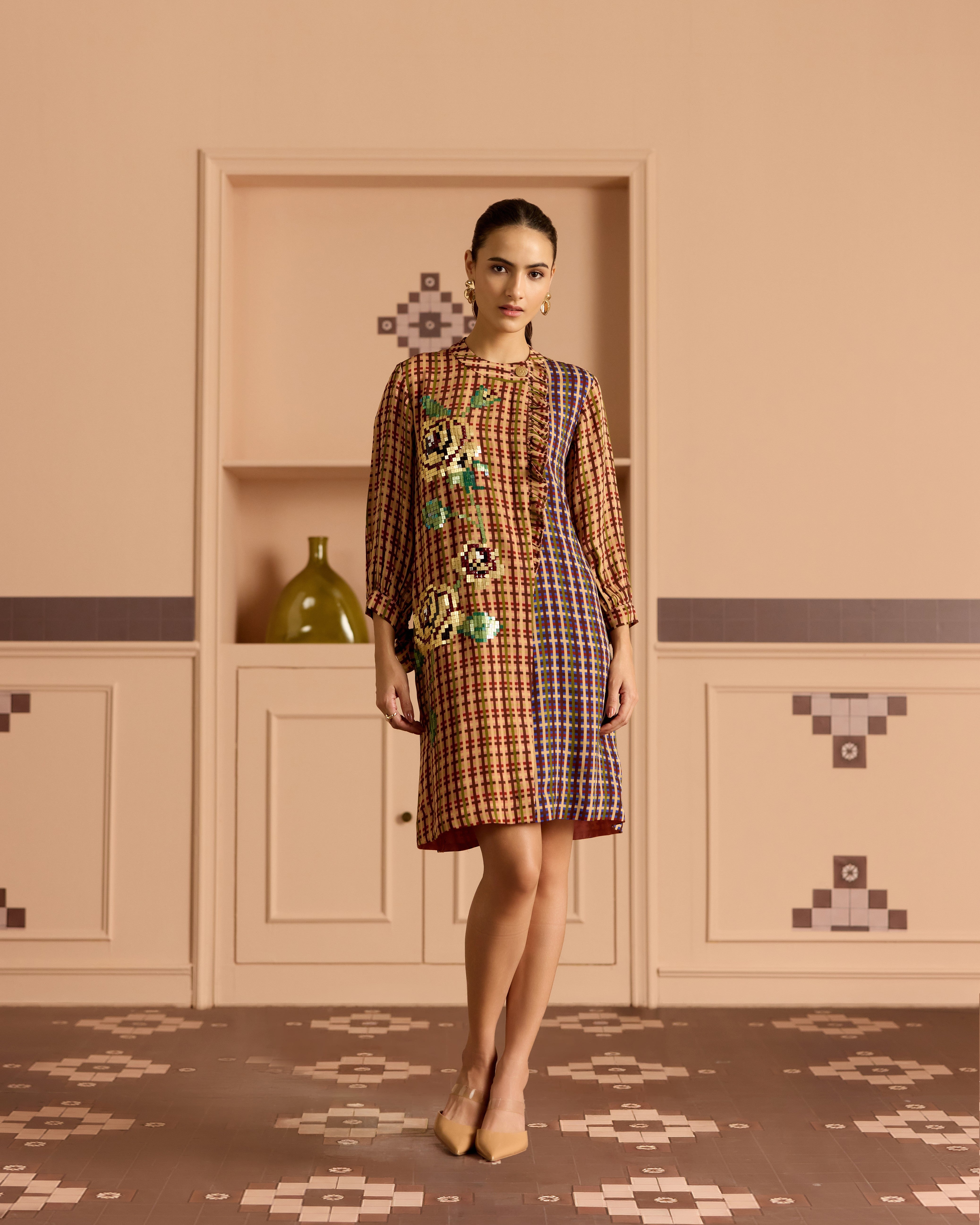 BURGANDY FRILL SHIRT DRESS