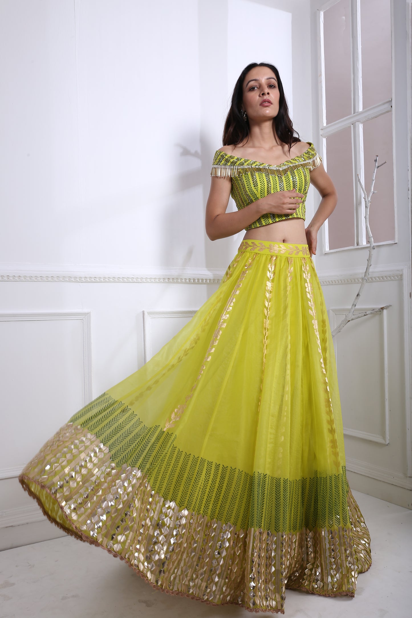LIME ORGANZA GATHER LEHNGA SET