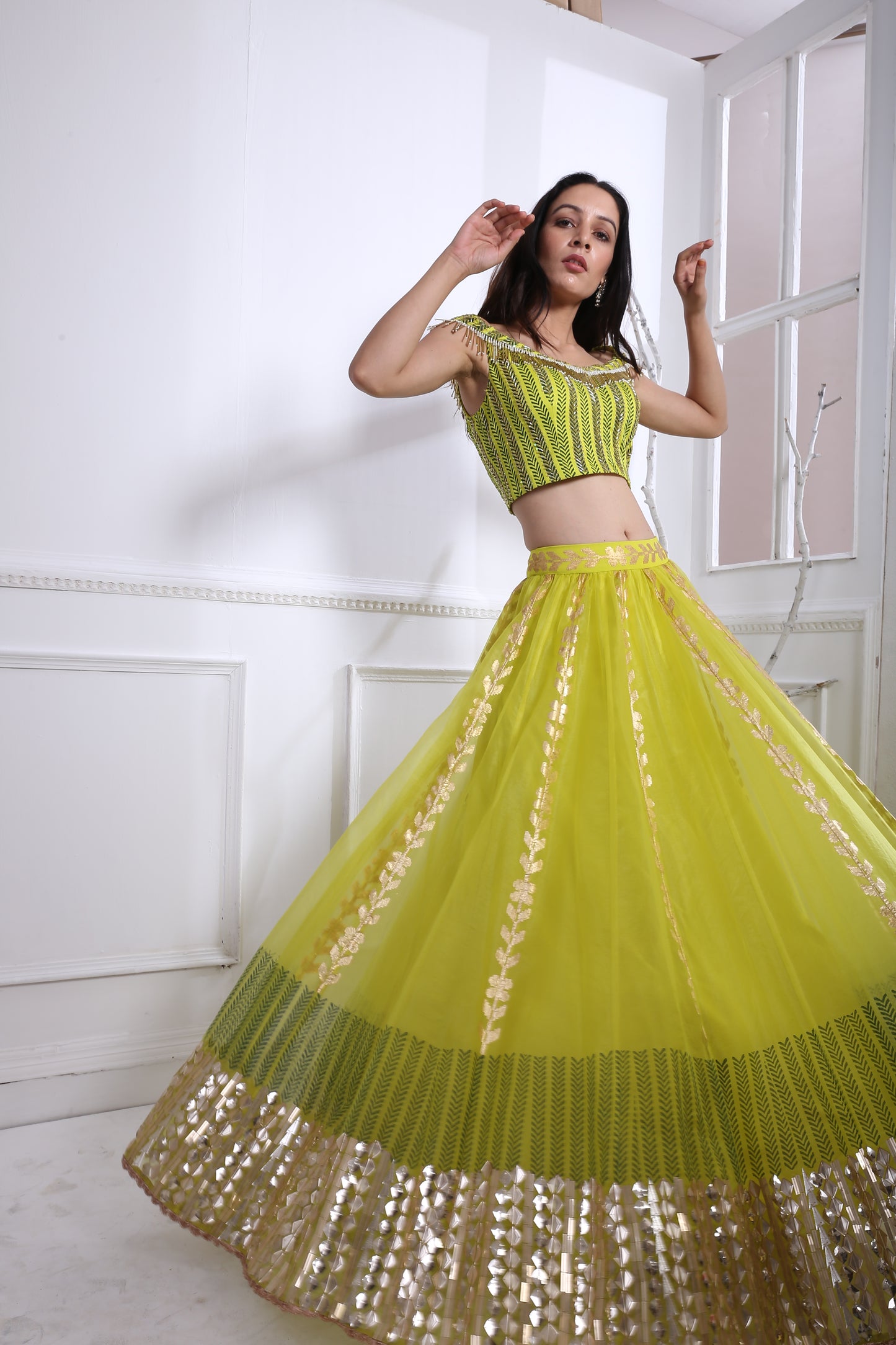 LIME ORGANZA GATHER LEHNGA SET