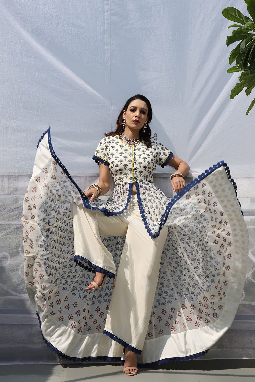 WHITE STAR MOTIF FRONT OPEN ANARKALI SET