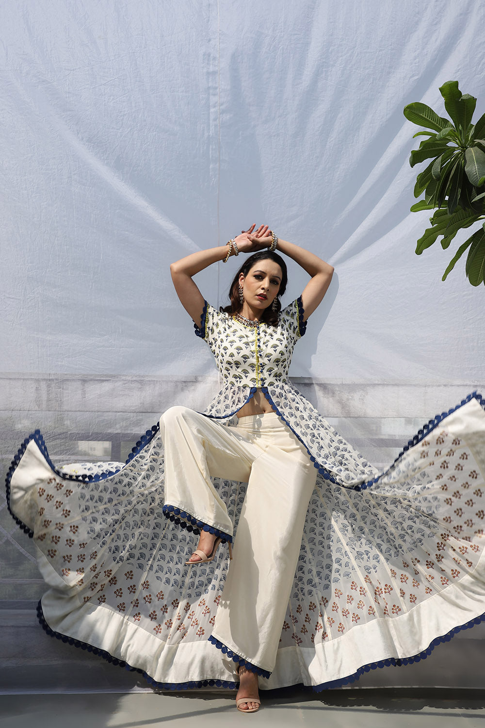 WHITE STAR MOTIF FRONT OPEN ANARKALI SET