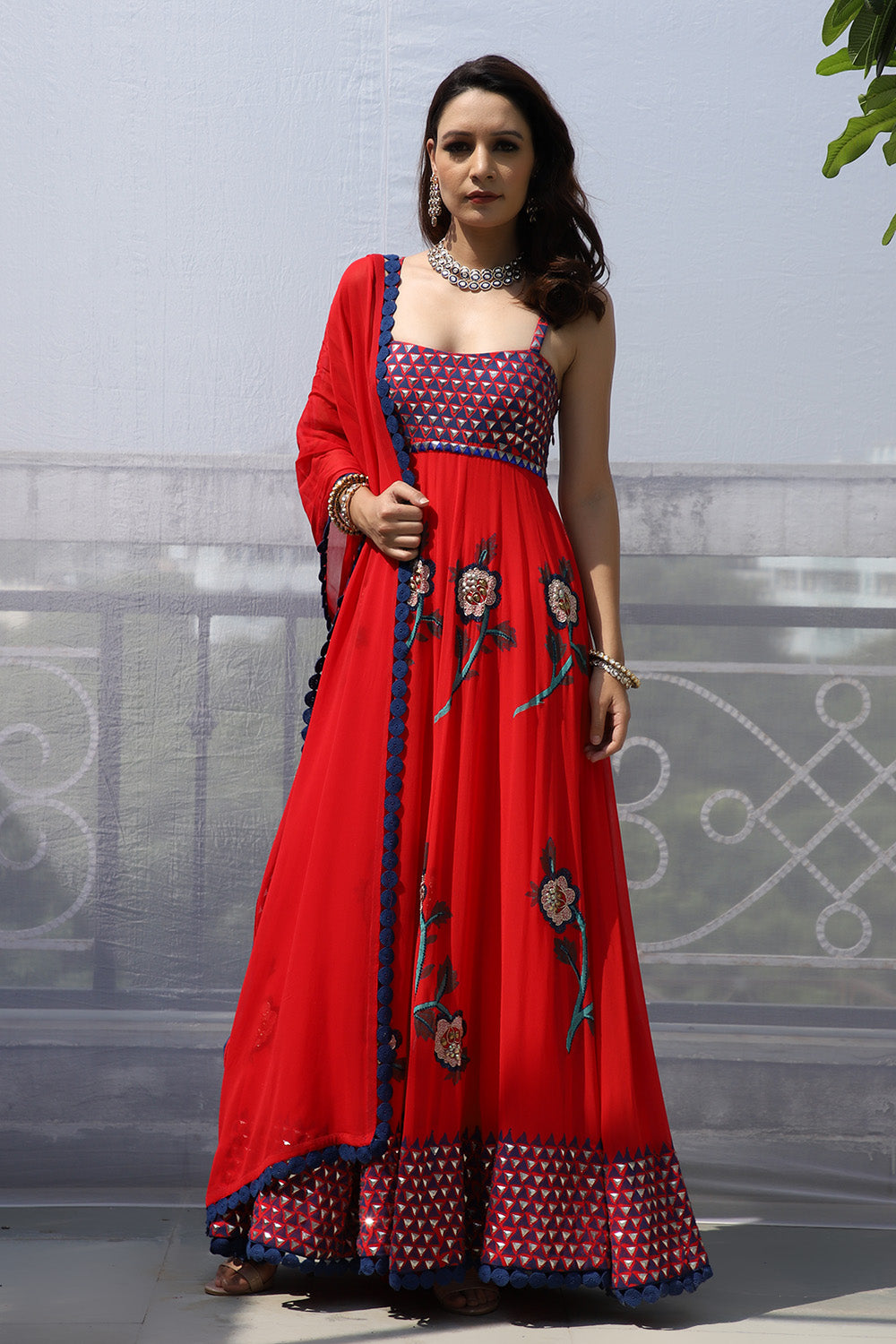 RED BIG FLOWER BOOTA ANARKALI SET