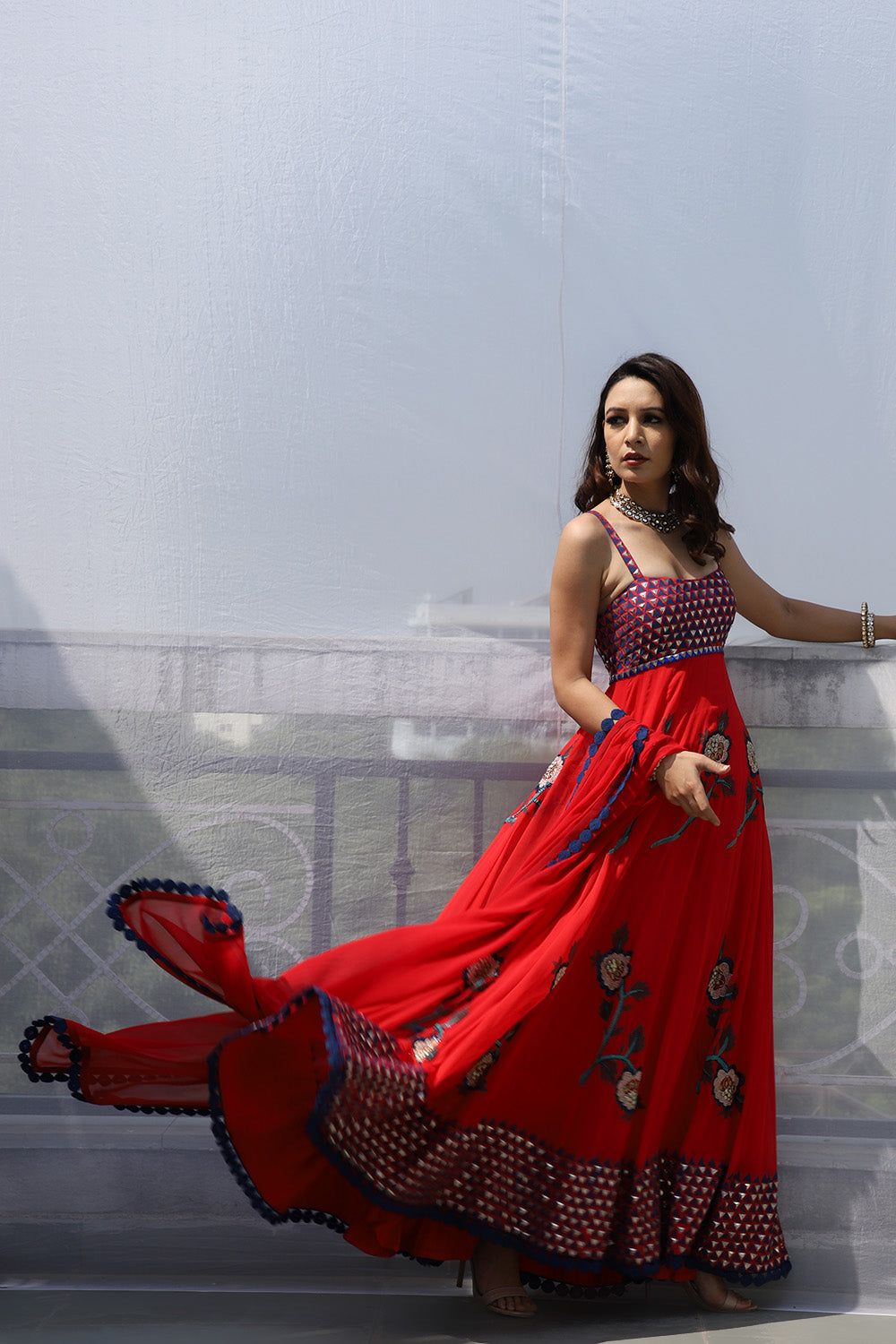 RED BIG FLOWER BOOTA ANARKALI SET