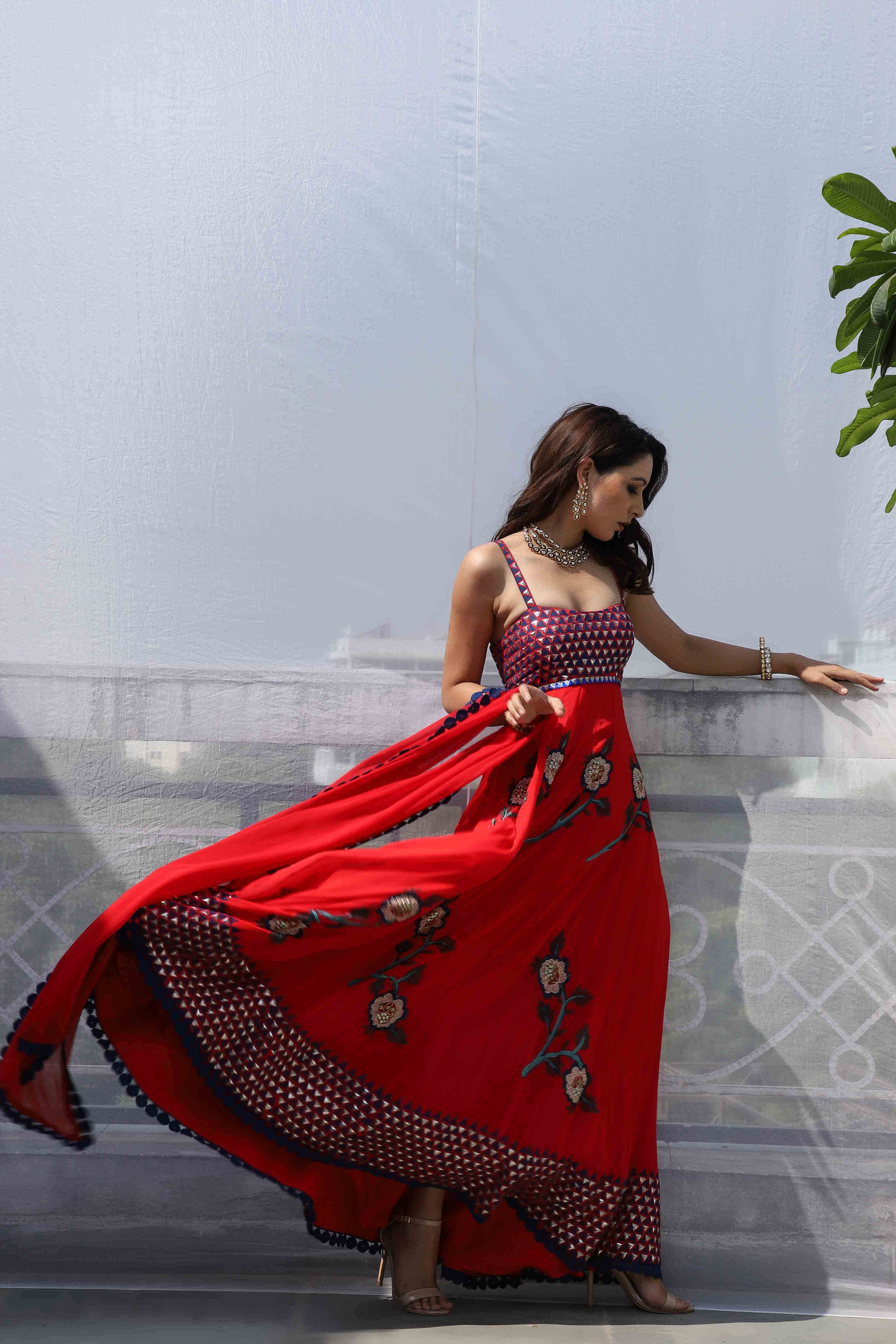 RED BIG FLOWER BOOTA ANARKALI SET