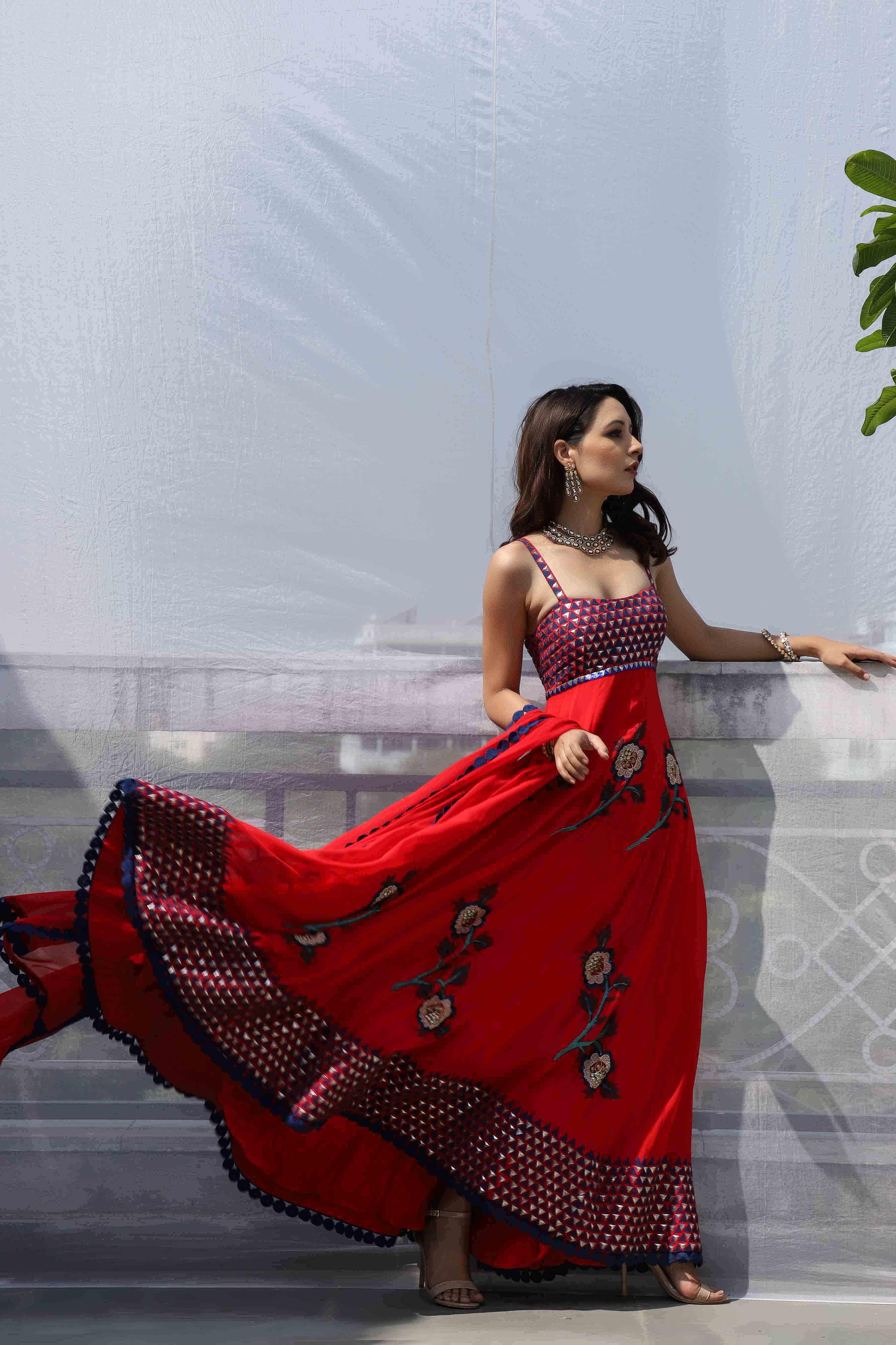 RED BIG FLOWER BOOTA ANARKALI SET