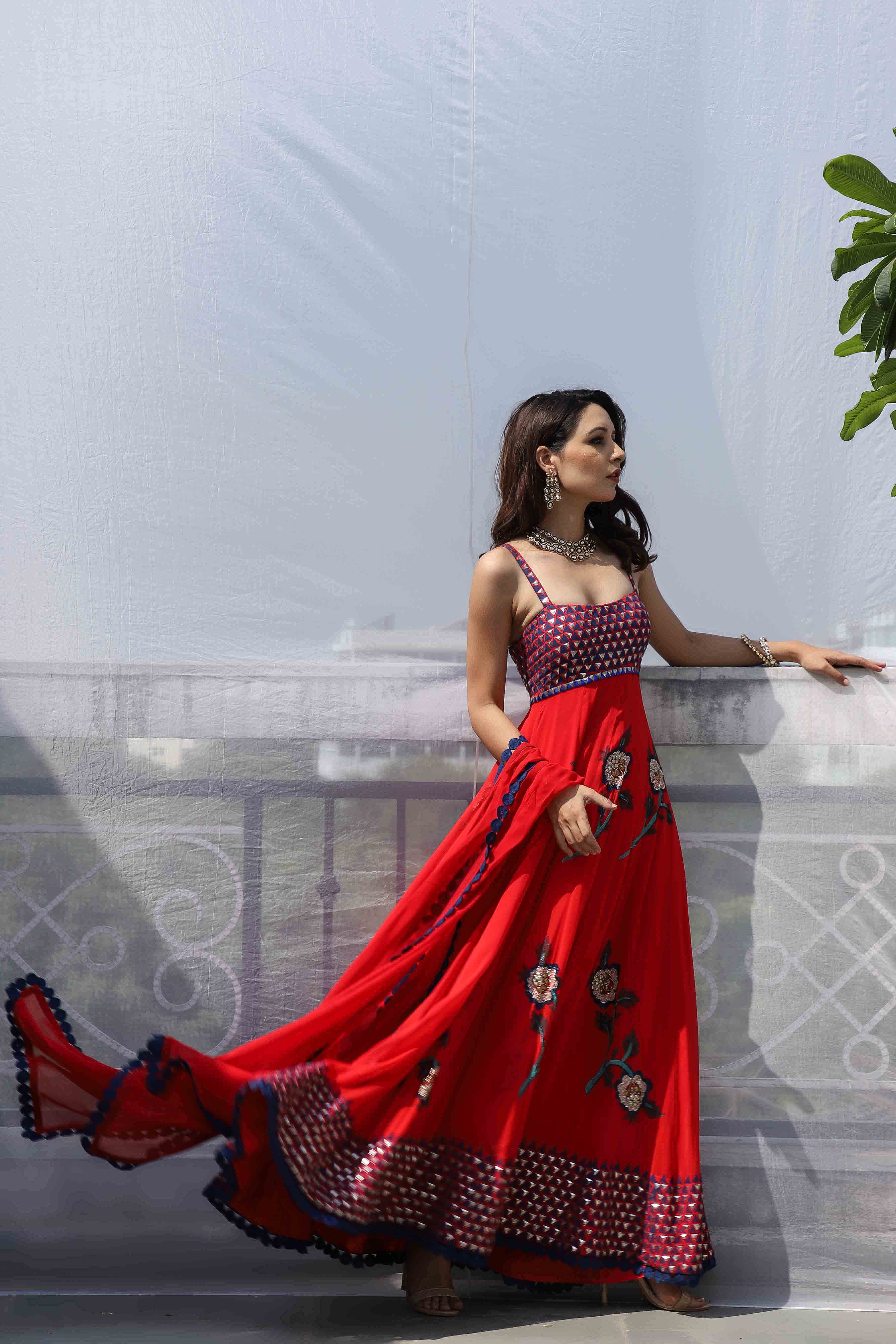 RED BIG FLOWER BOOTA ANARKALI SET