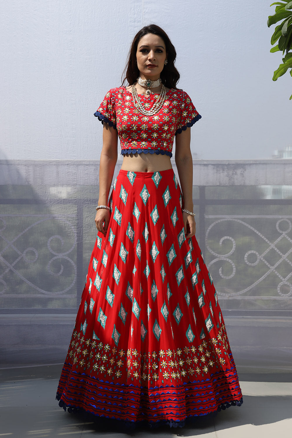 RED DIAMOND MOTIF EMBROIDERED LEHNGA SET