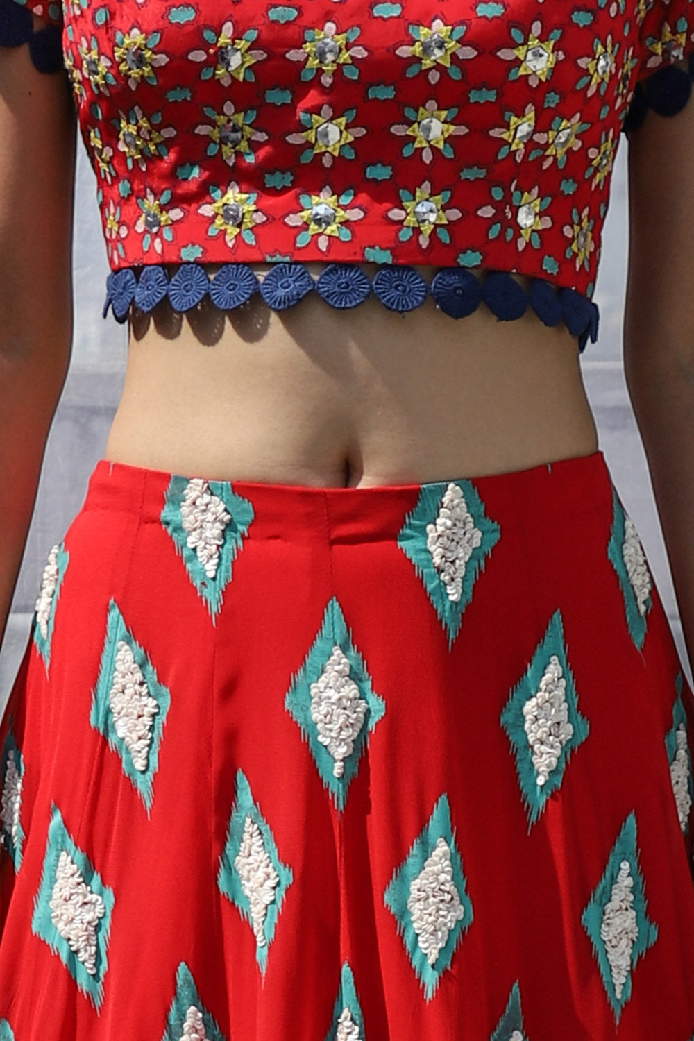 RED DIAMOND MOTIF EMBROIDERED LEHNGA SET