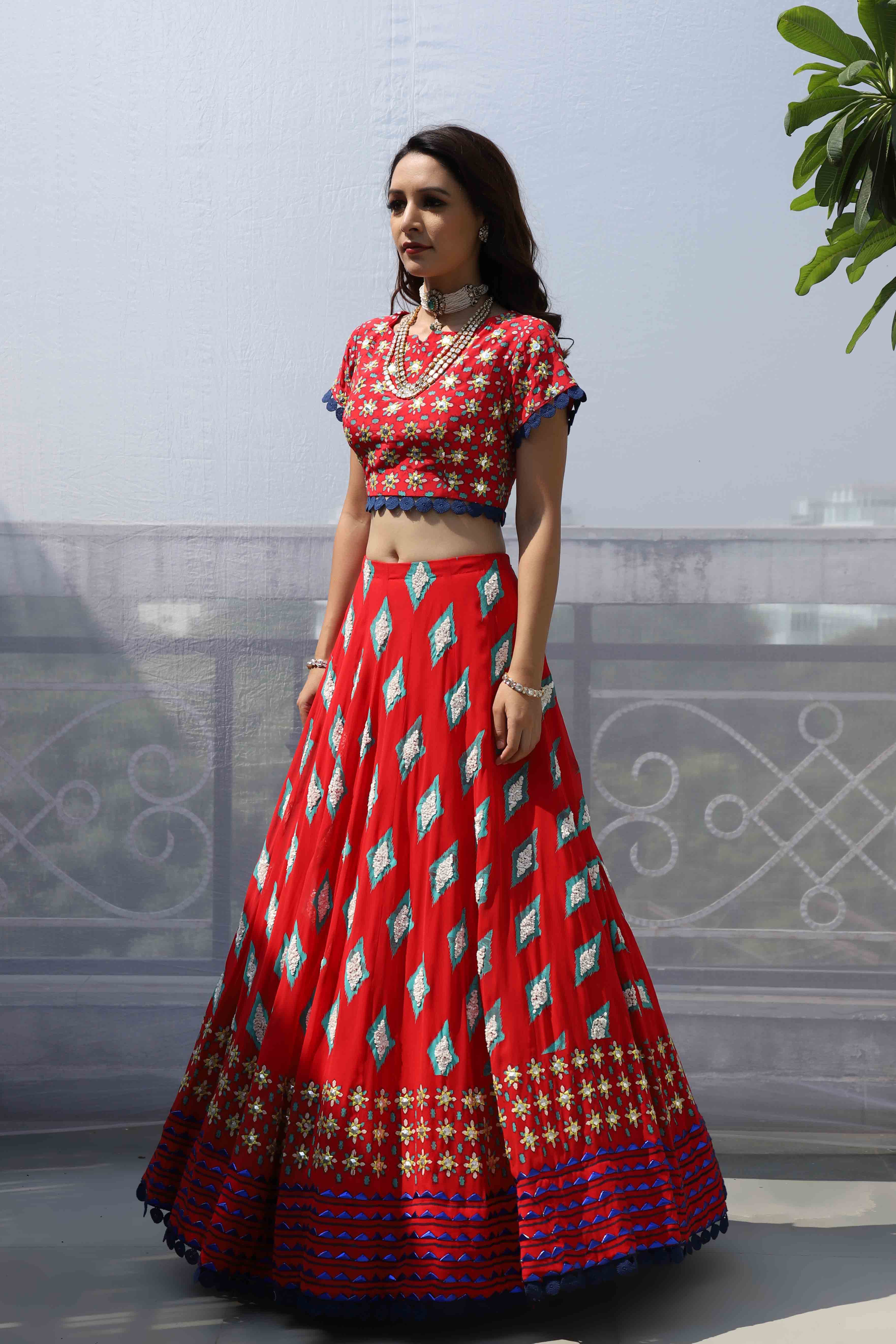 RED DIAMOND MOTIF EMBROIDERED LEHNGA SET