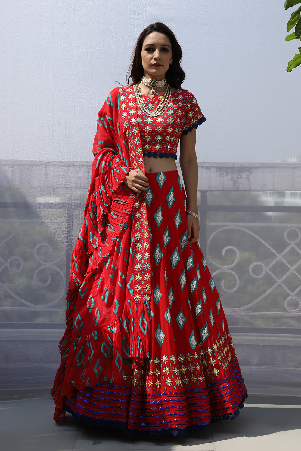RED DIAMOND MOTIF EMBROIDERED LEHNGA SET