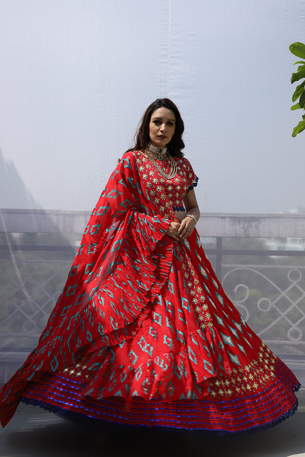 RED DIAMOND MOTIF EMBROIDERED LEHNGA SET