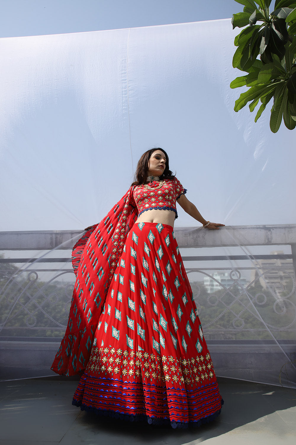 RED DIAMOND MOTIF EMBROIDERED LEHNGA SET