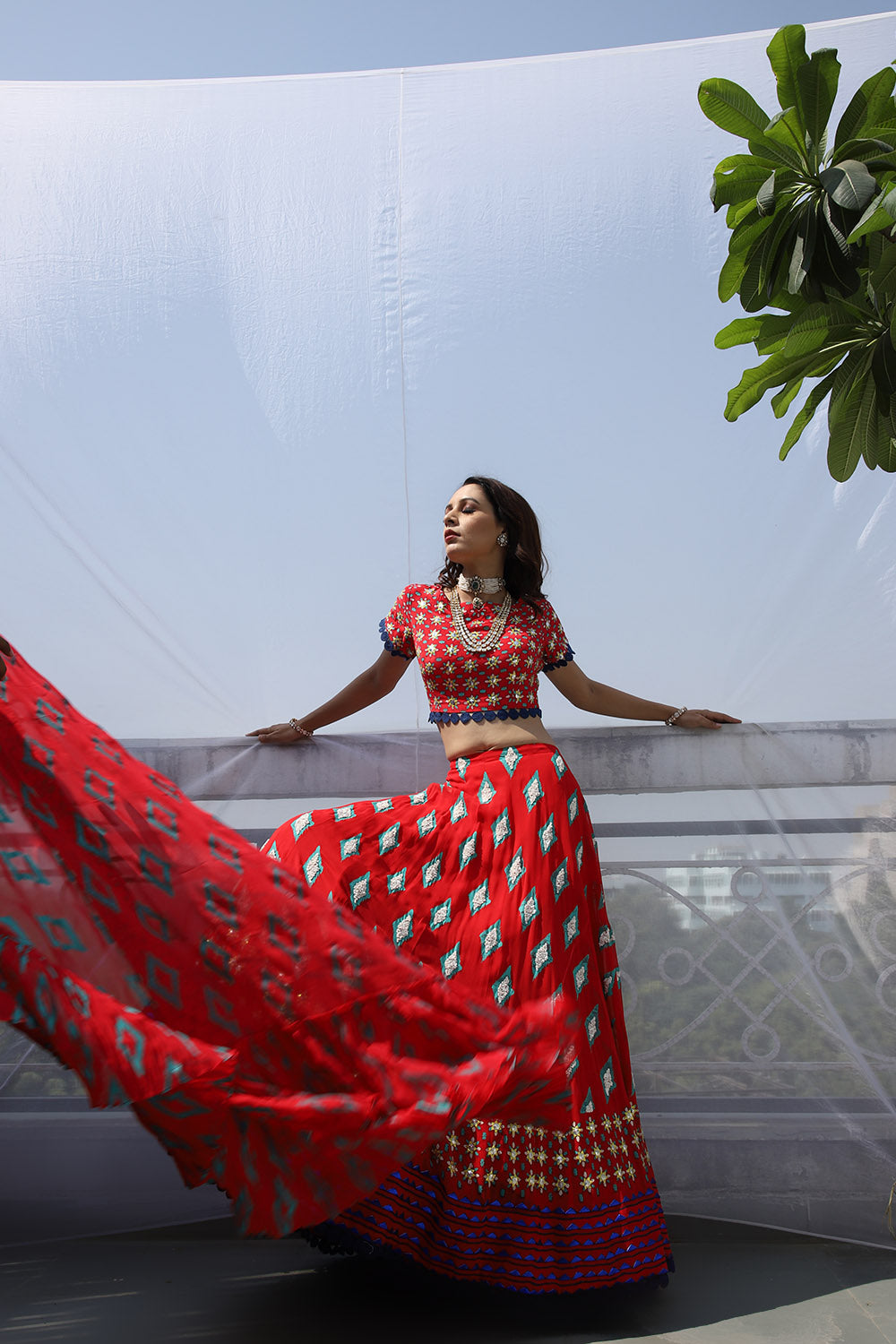 RED DIAMOND MOTIF EMBROIDERED LEHNGA SET