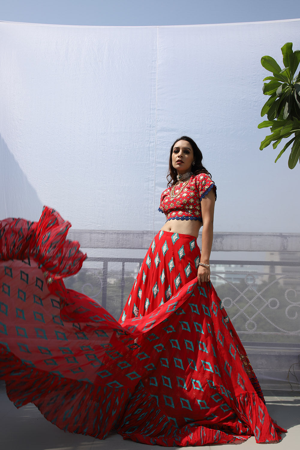 RED DIAMOND MOTIF EMBROIDERED LEHNGA SET