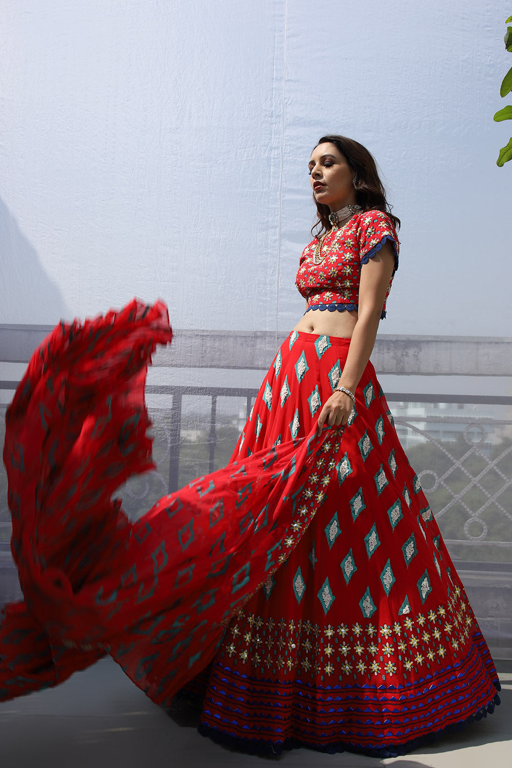 RED DIAMOND MOTIF EMBROIDERED LEHNGA SET