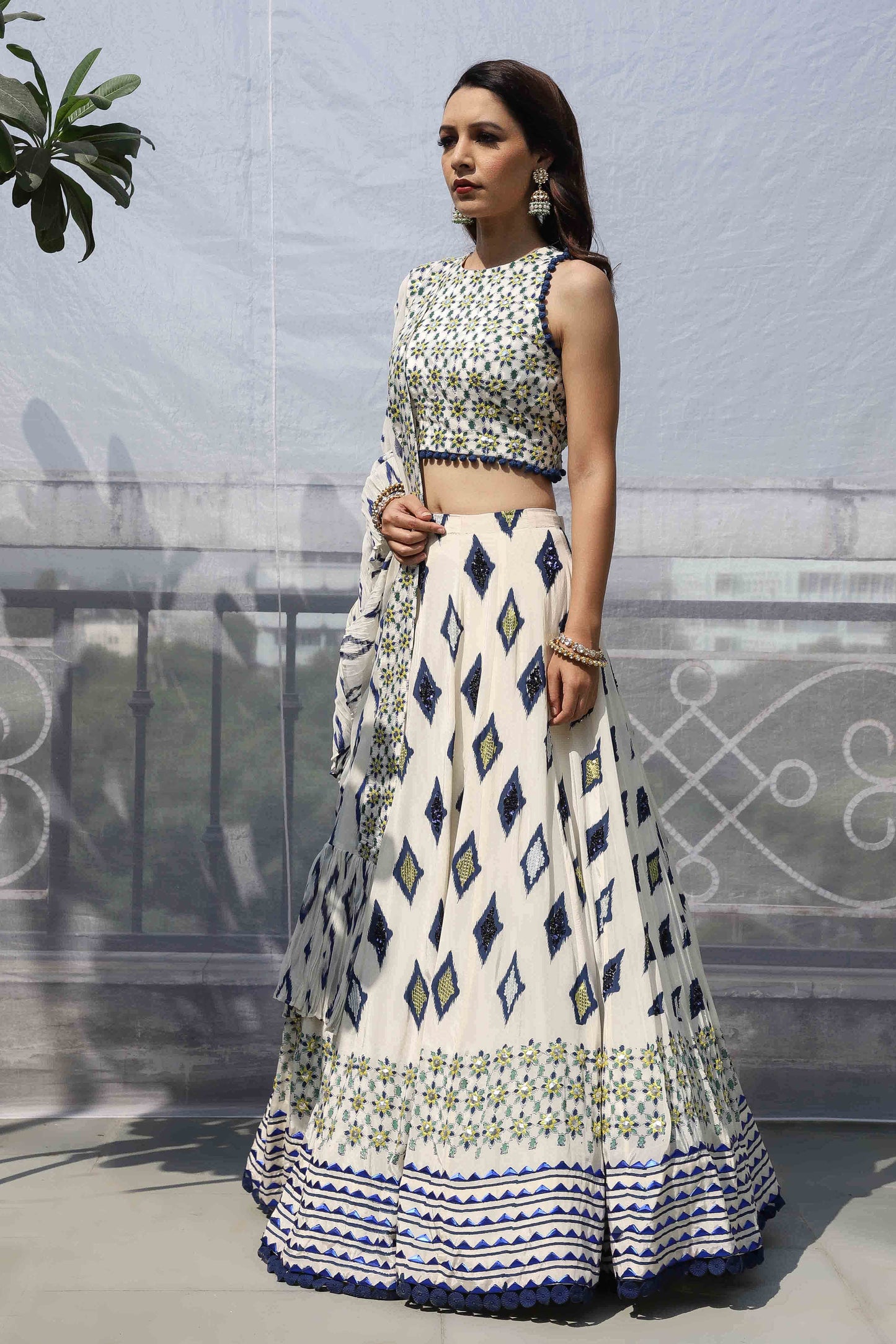 OFF WHITE DIAMOND MOTIF EMBROIDERED LEHNGA SET