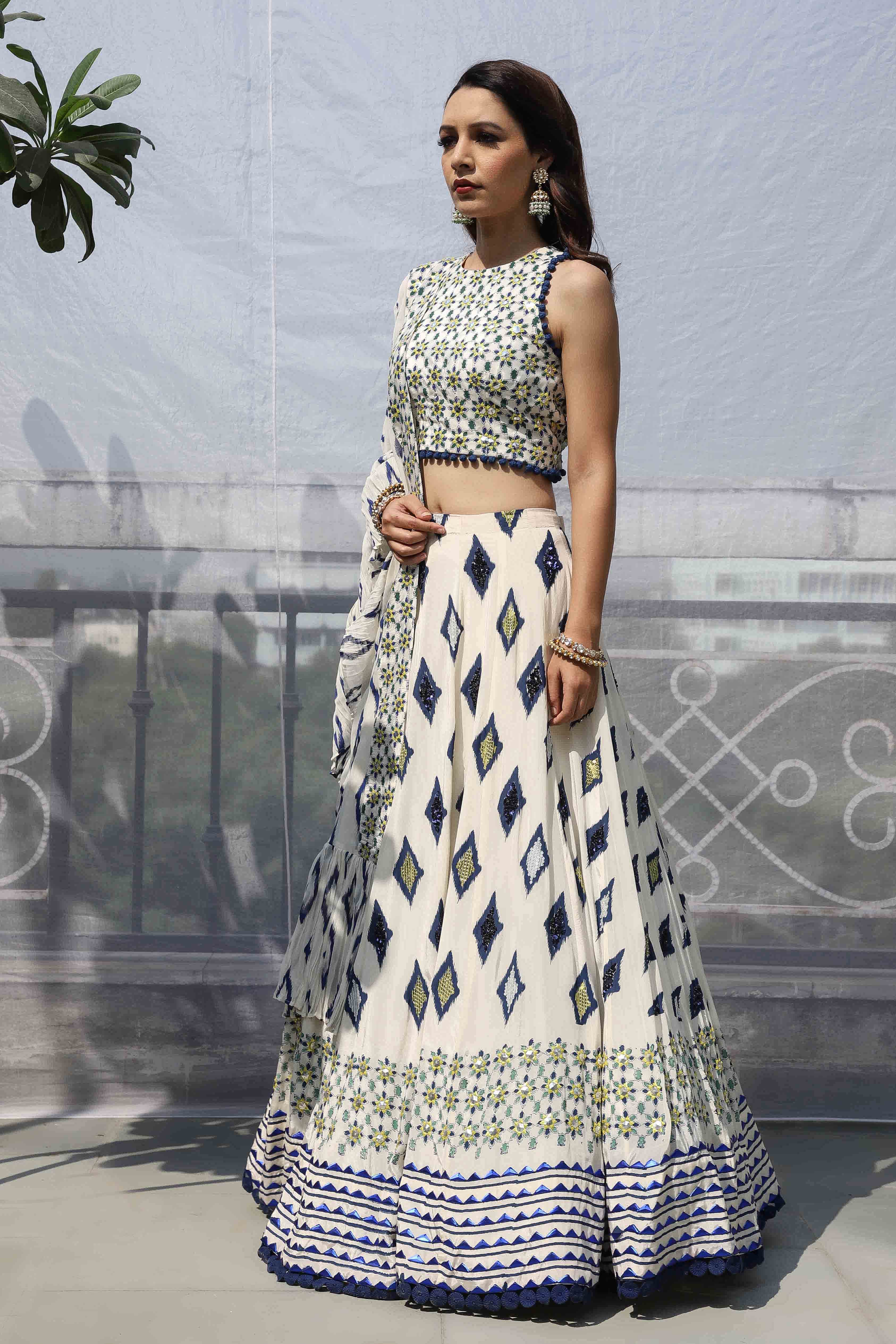 OFF WHITE DIAMOND MOTIF EMBROIDERED LEHNGA SET