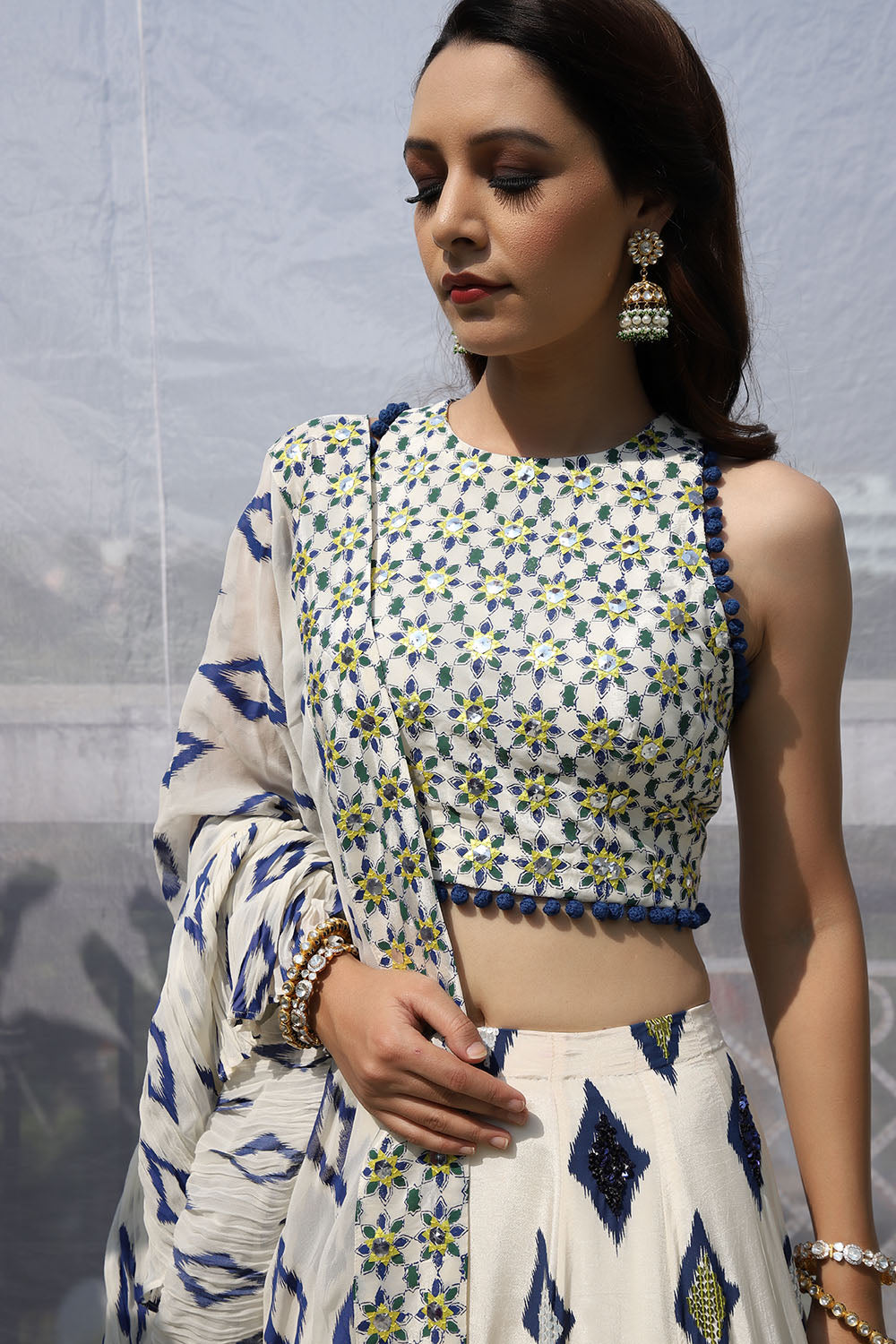 OFF WHITE DIAMOND MOTIF EMBROIDERED LEHNGA SET