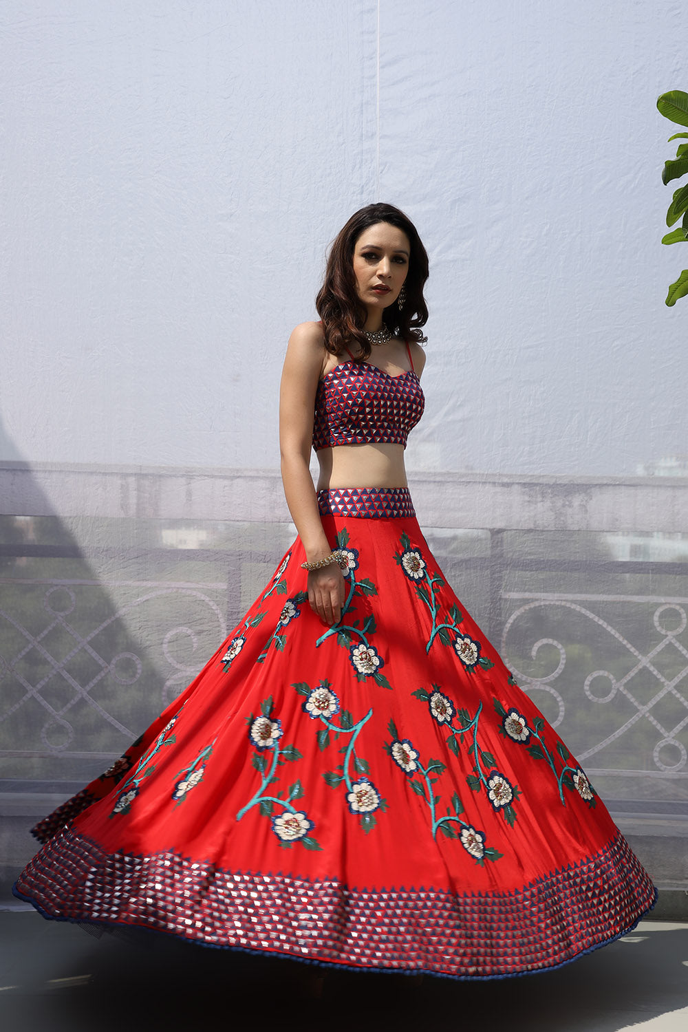 RED BIG FLOWER BOOTA LEHNGA SET