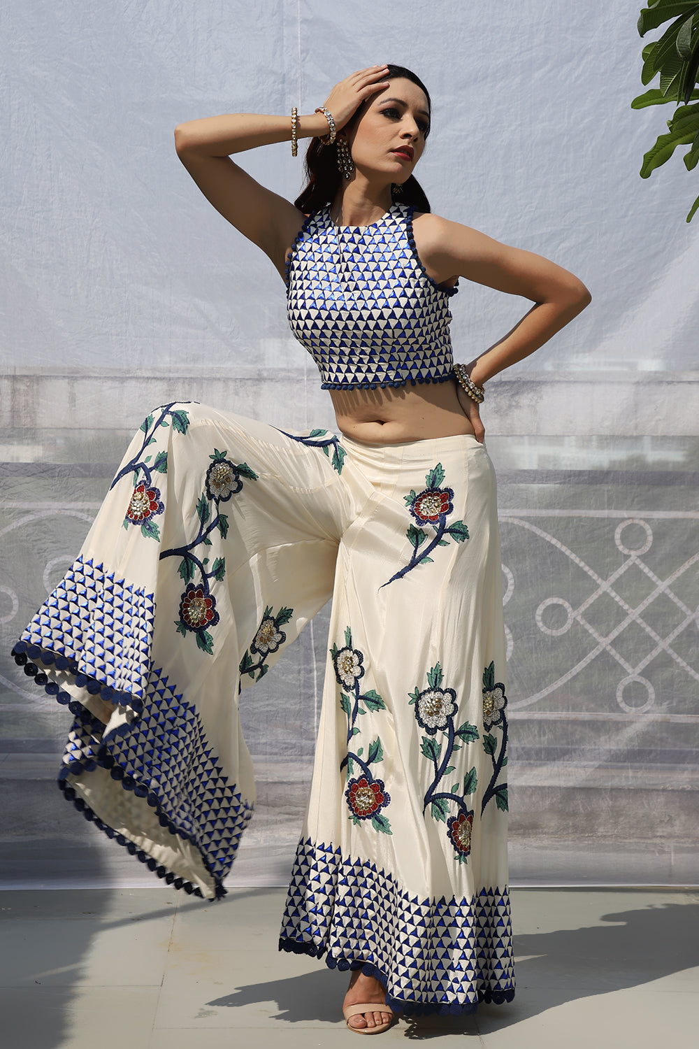 OFF WHITE BIG FLOWER BOOTA GARARA SET