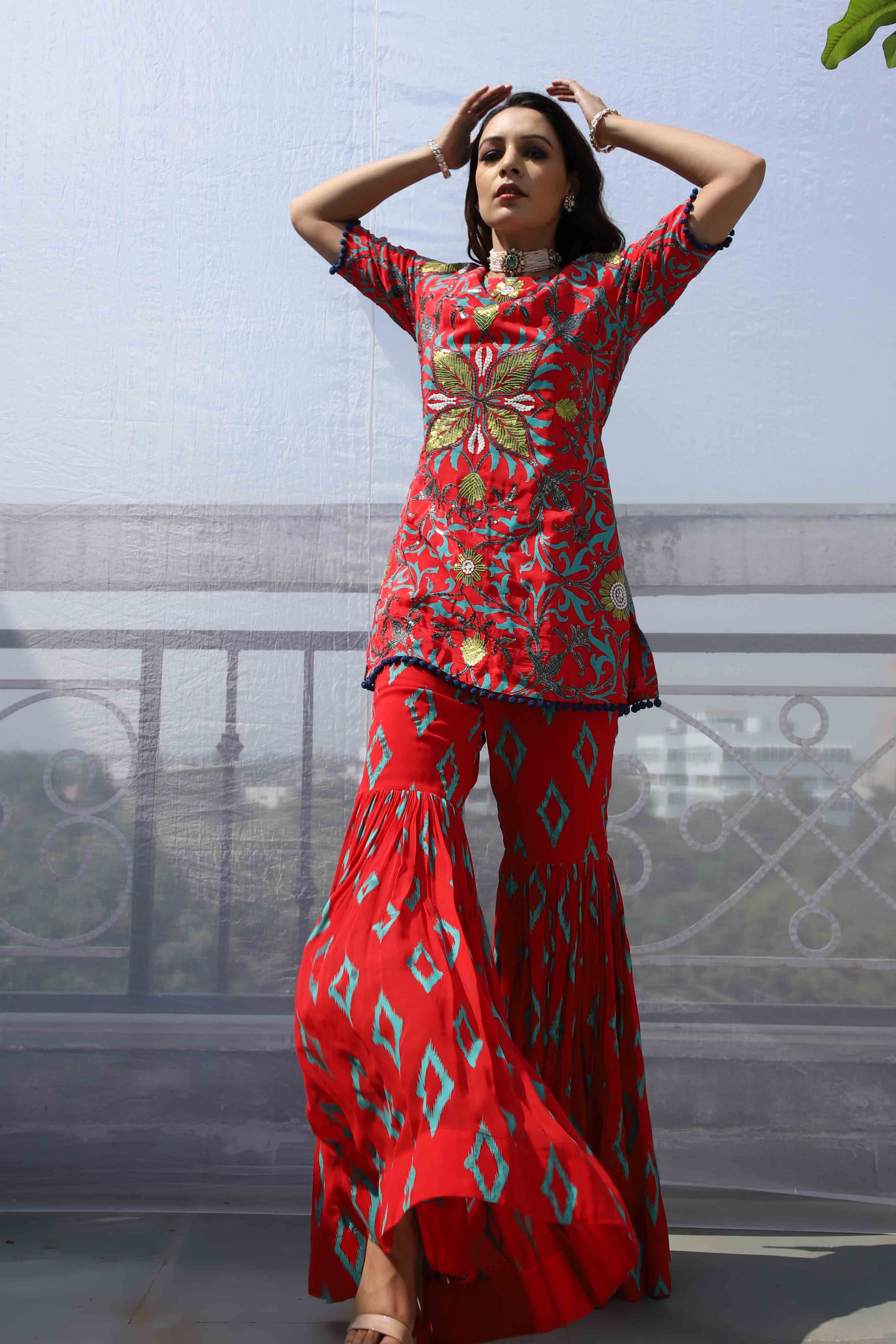 RED DIAMOND MOTIF SHARARA SET