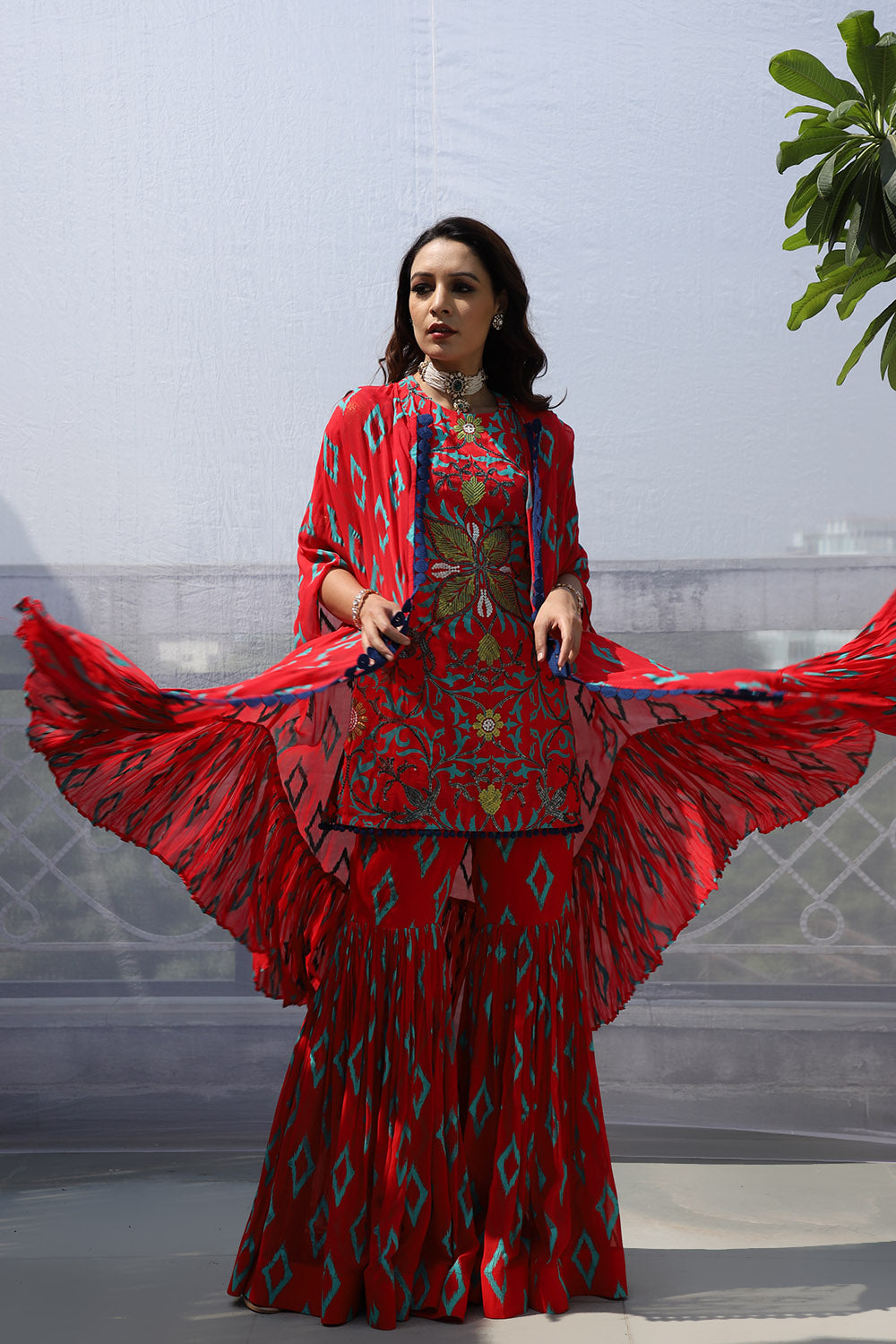 RED DIAMOND MOTIF SHARARA SET