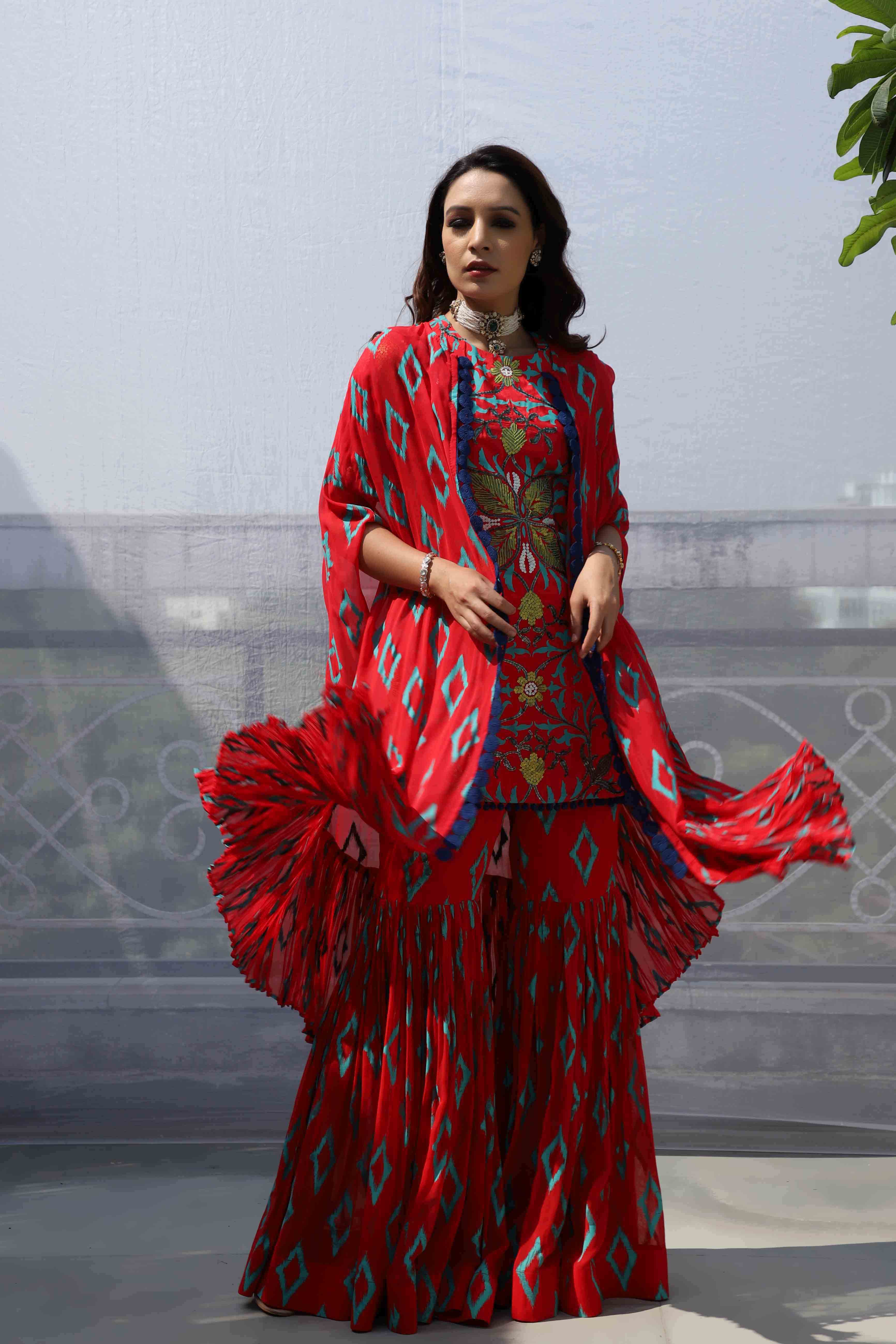 RED DIAMOND MOTIF SHARARA SET