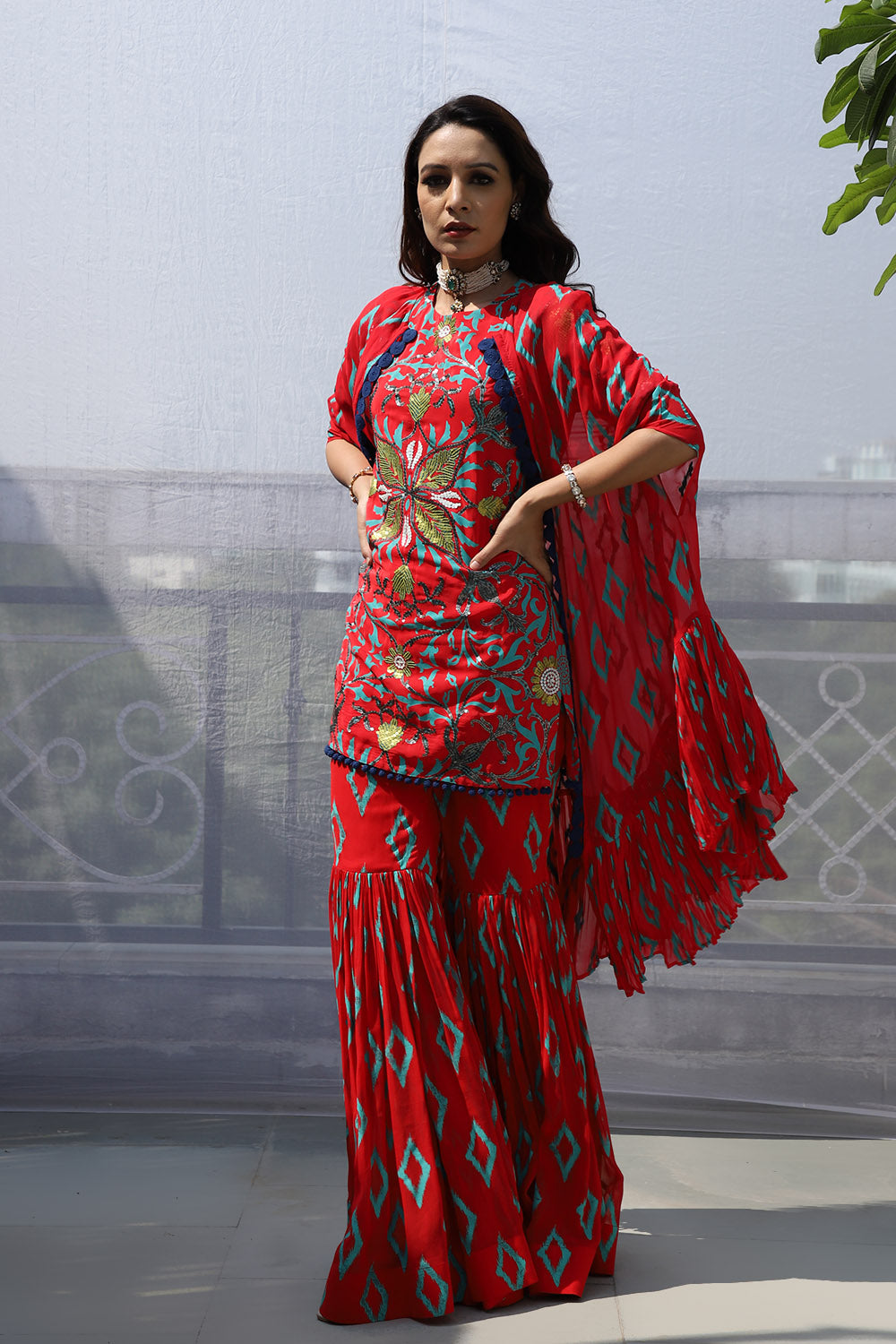 RED DIAMOND MOTIF SHARARA SET