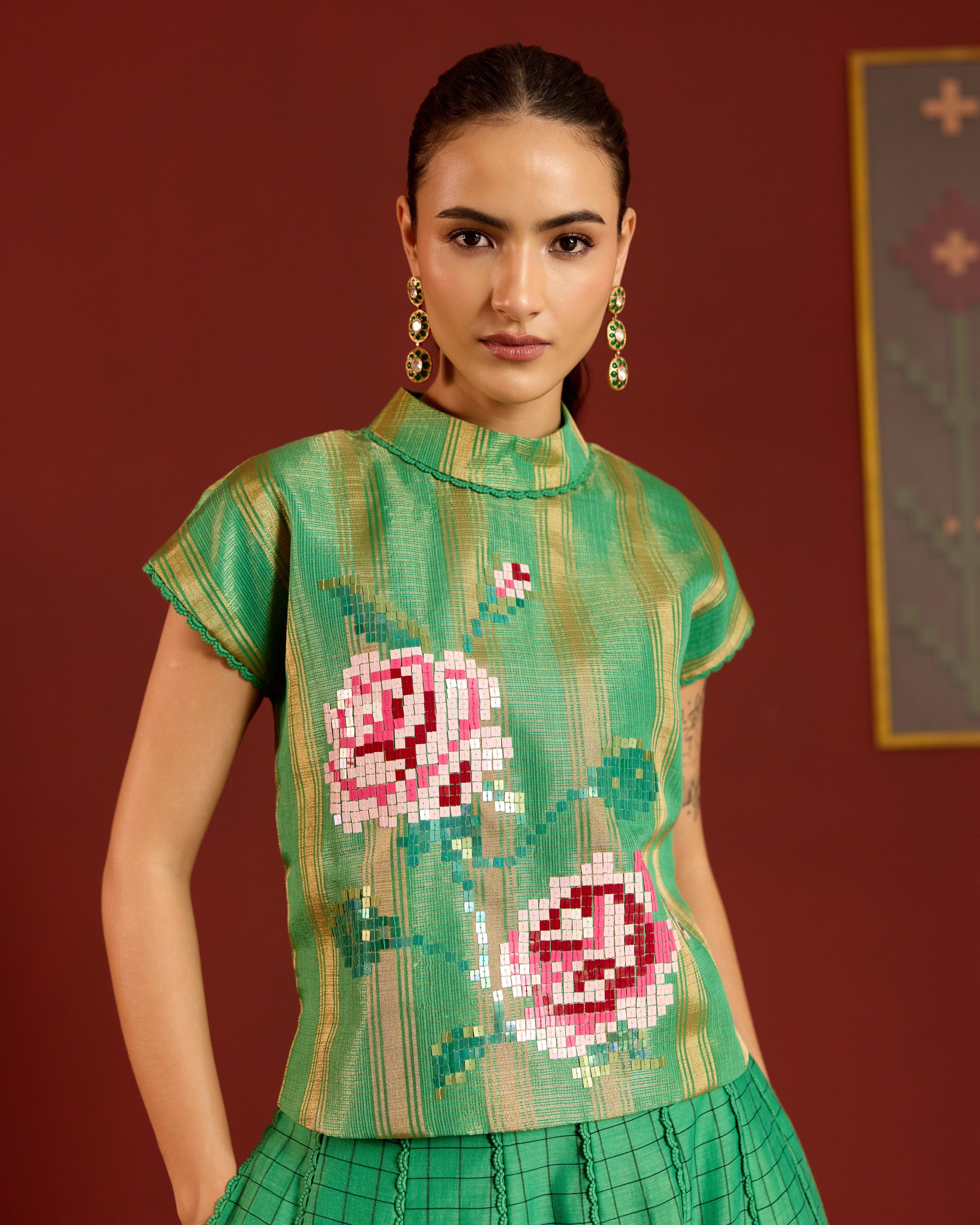 GREEN ZARI KOTA CROP TOP + SKIRT