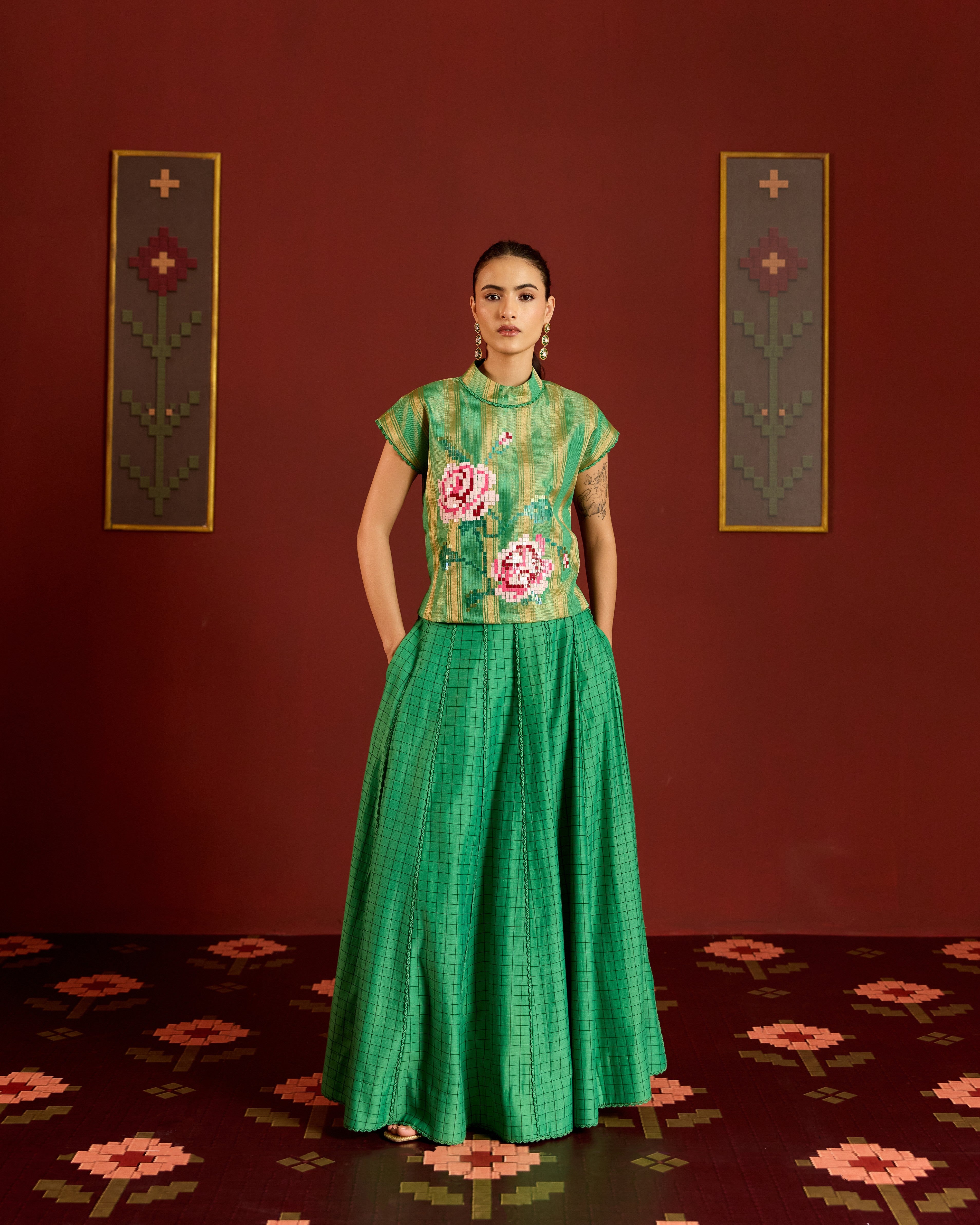 GREEN ZARI KOTA CROP TOP + SKIRT