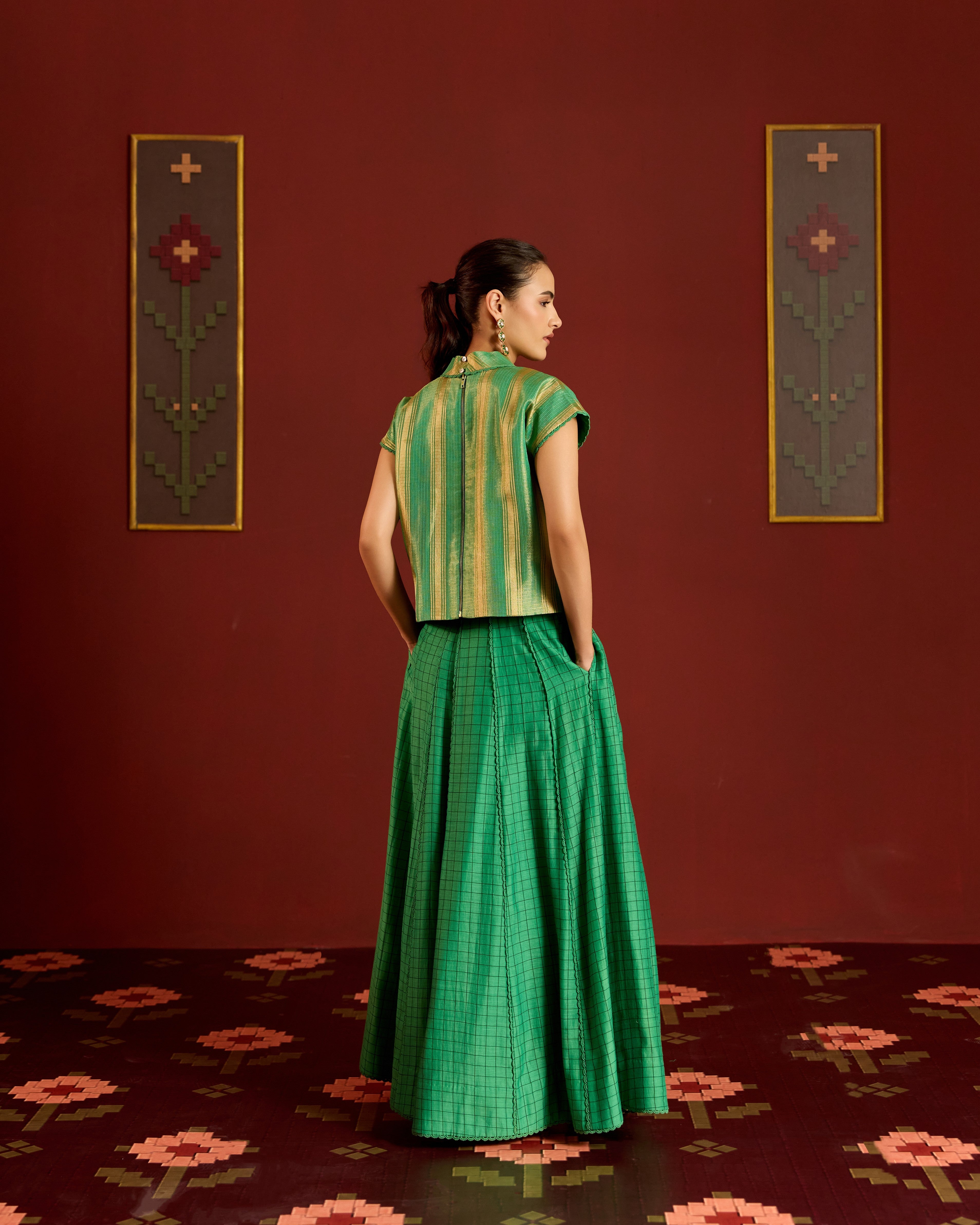 GREEN ZARI KOTA CROP TOP + SKIRT