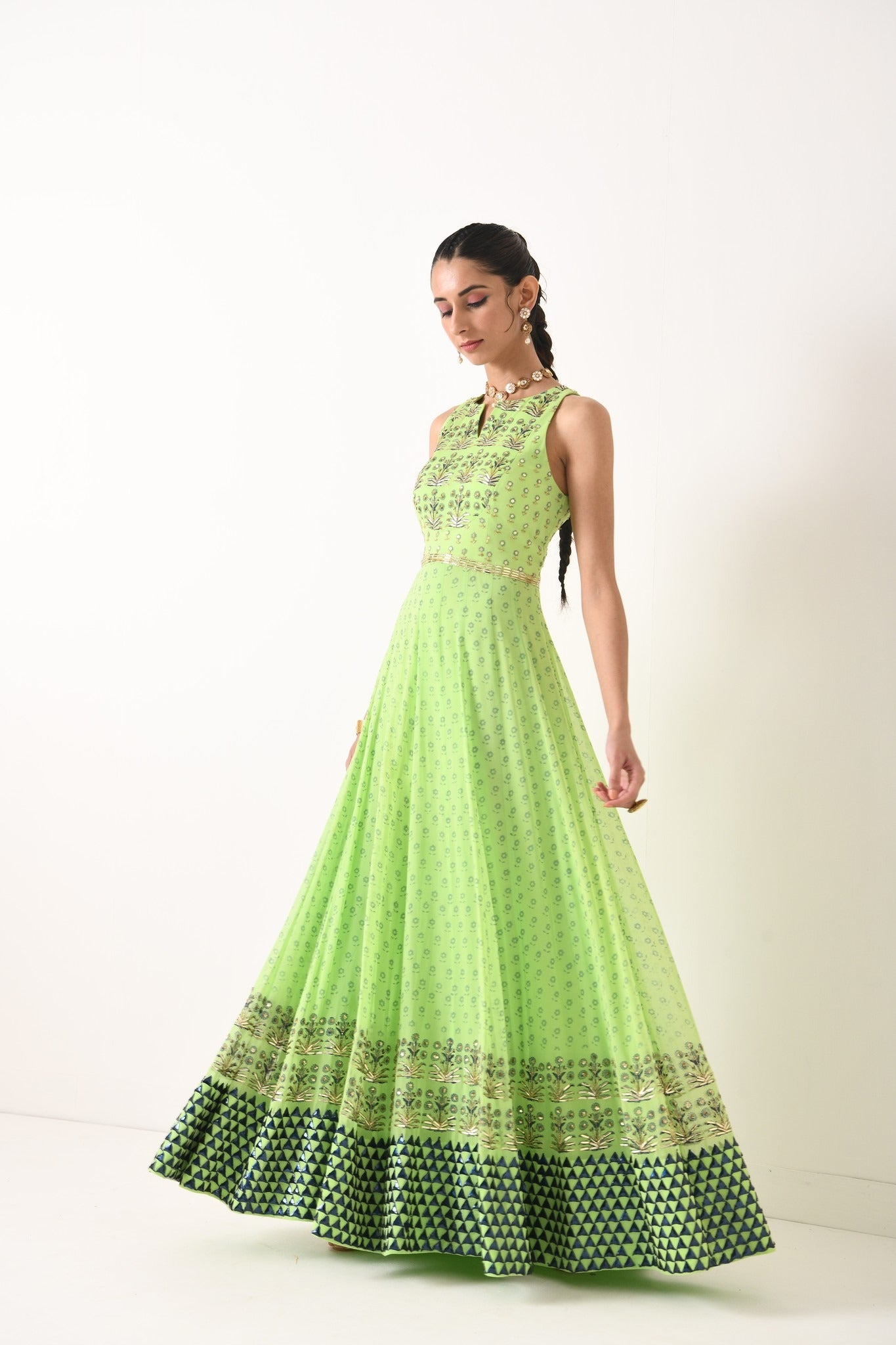 MINT GREEN BIG TRIANGLE MOTIF HAULTER ANARKALI