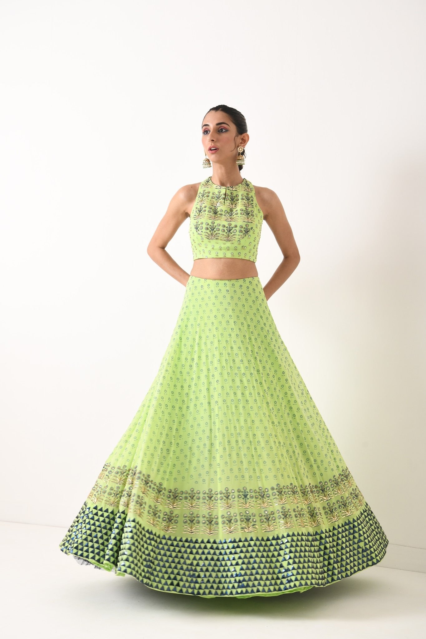 MINT GREEN BIG TRIANGLE MOTIF LEHNGA