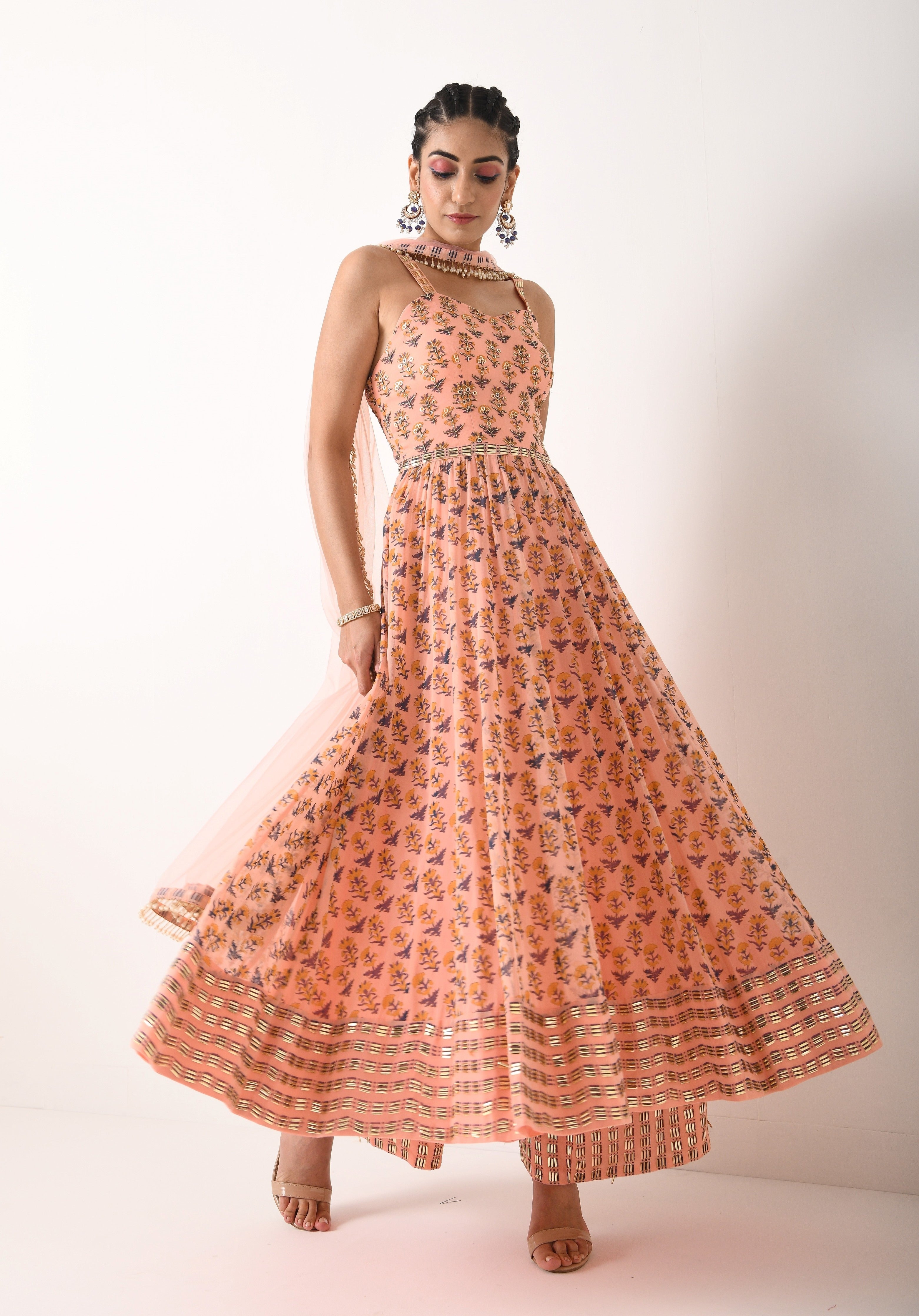 BLUSH PINK ALL OVER PRINT STRAP ANARKALI