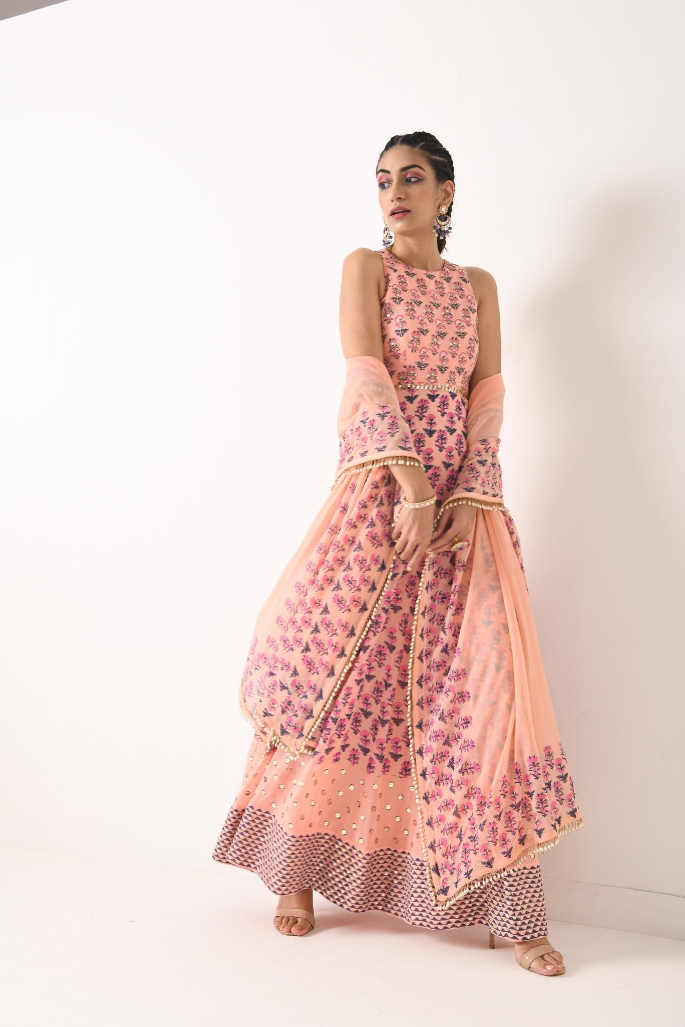 BLUSH PINK ALL OVER PRINT , HAULTER ANARKALI