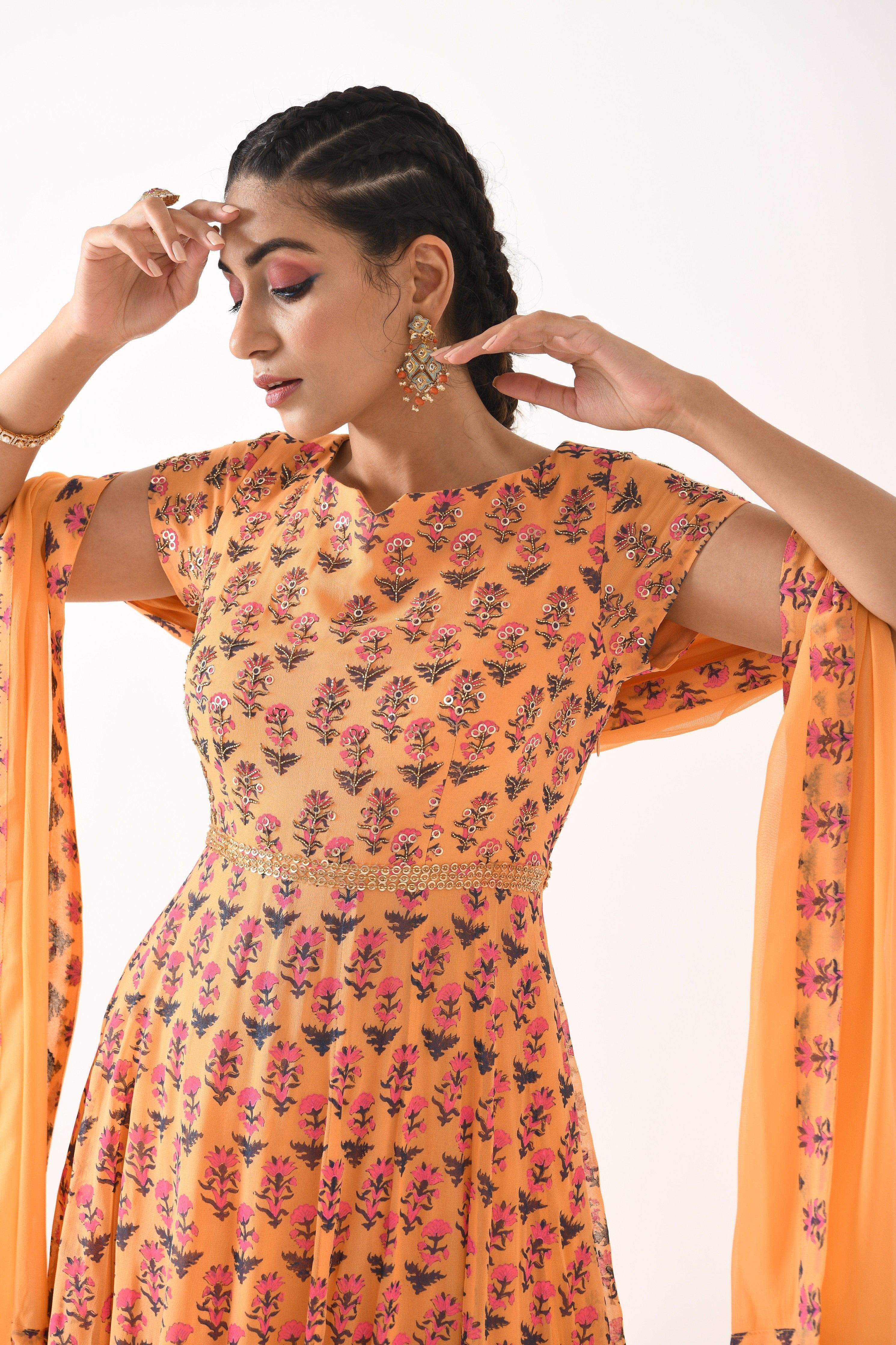SORBET ORANGE ALL OVER PRINT 2 BORDER ANARKALI