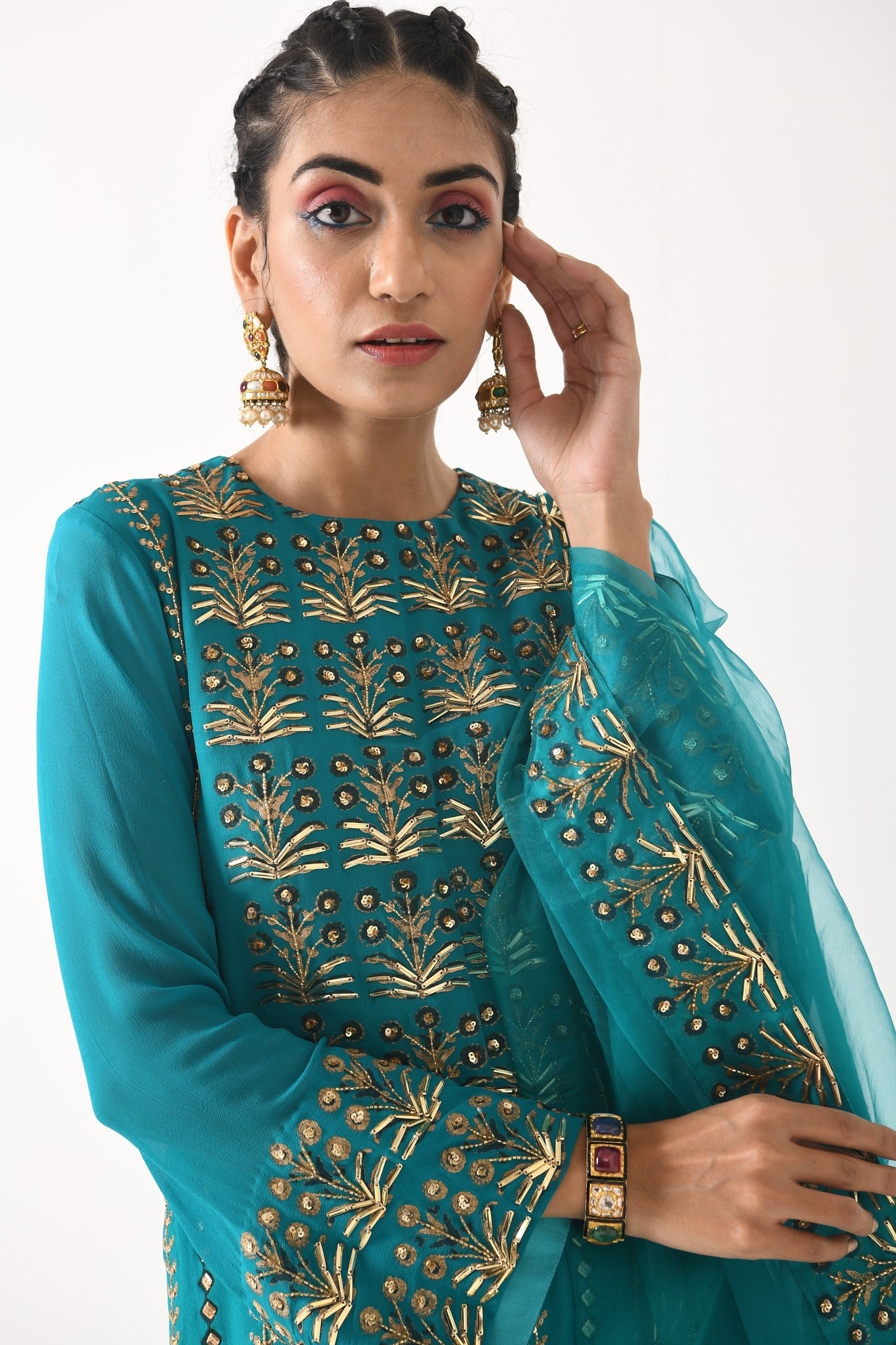 TEAL OMBRE LINEAR EMBROIDERY SHORT SHARARA SET