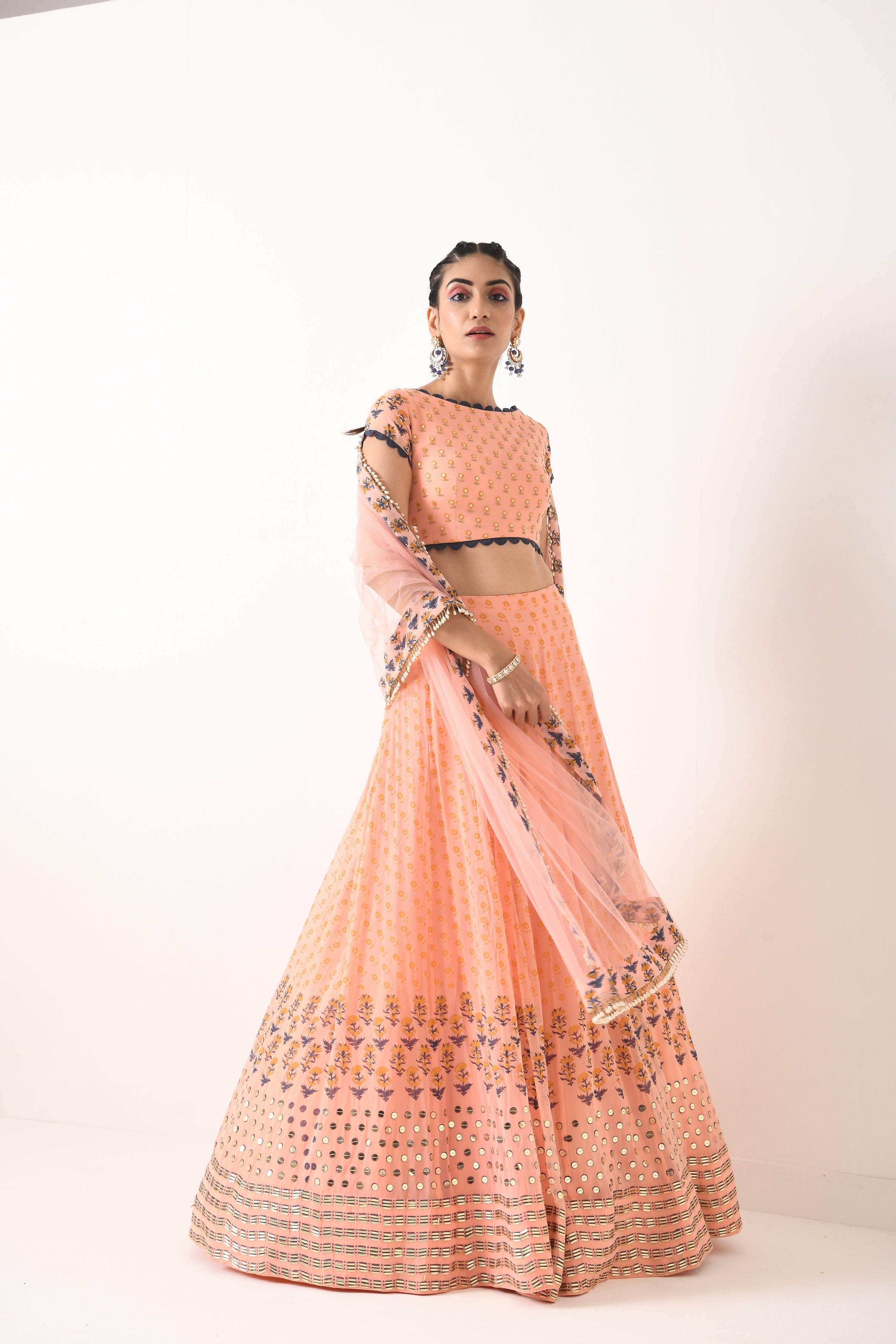 BLUSH PINK THREE BORDER SMALL BOOTI LEHNGA