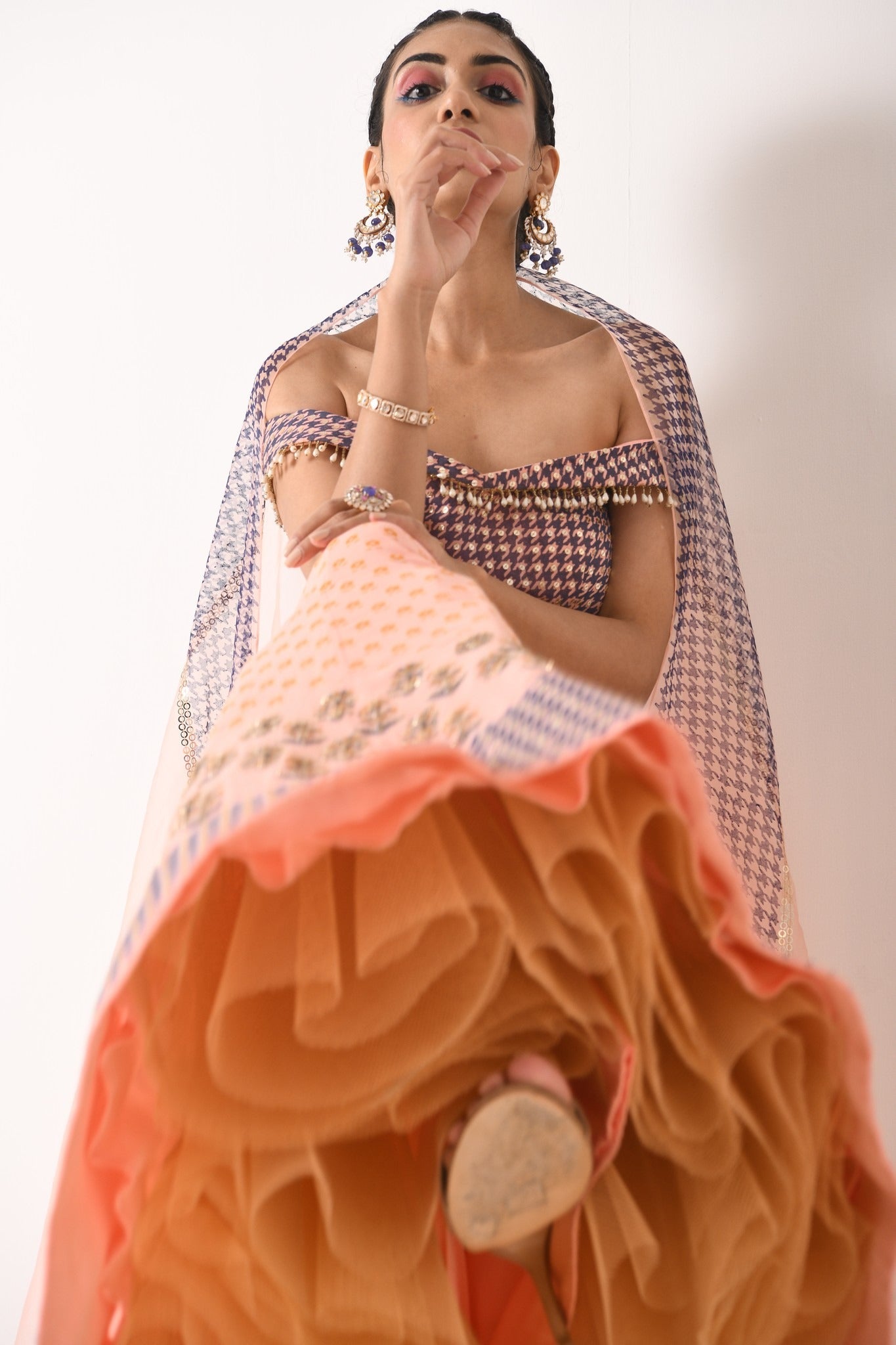 BLUSH PINK HOUNDSTOOTH LEHNGA SET