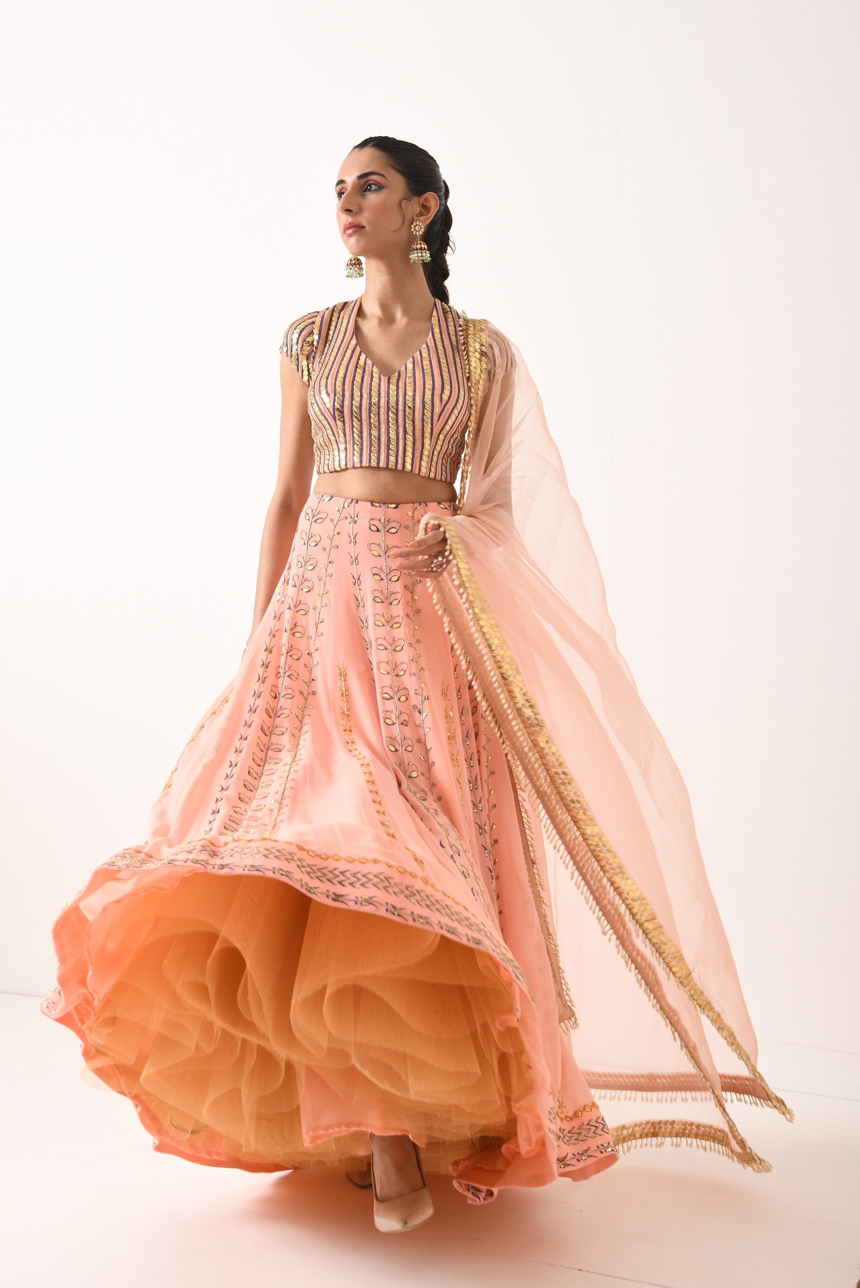 BLUSH PINK GOLDEN LEAF MOTIF LEHNGA