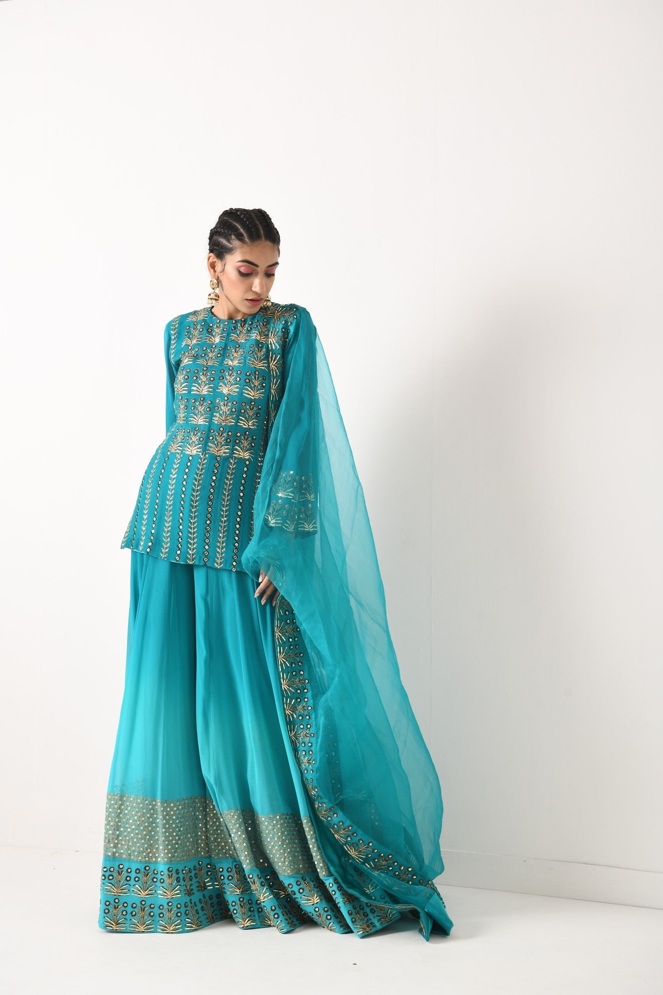 TEAL OMBRE LINEAR EMBROIDERY SHORT SHARARA SET
