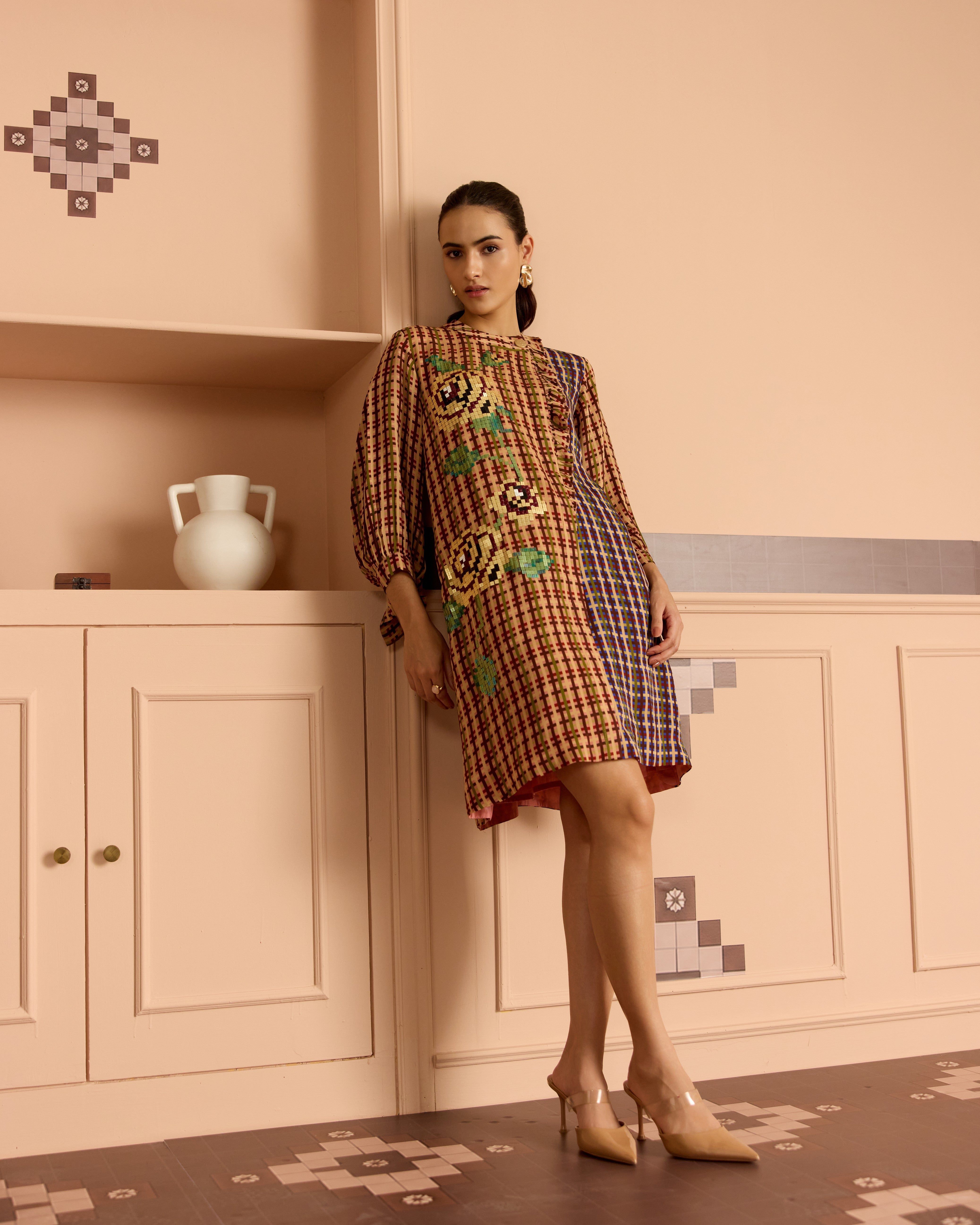 BURGANDY FRILL SHIRT DRESS