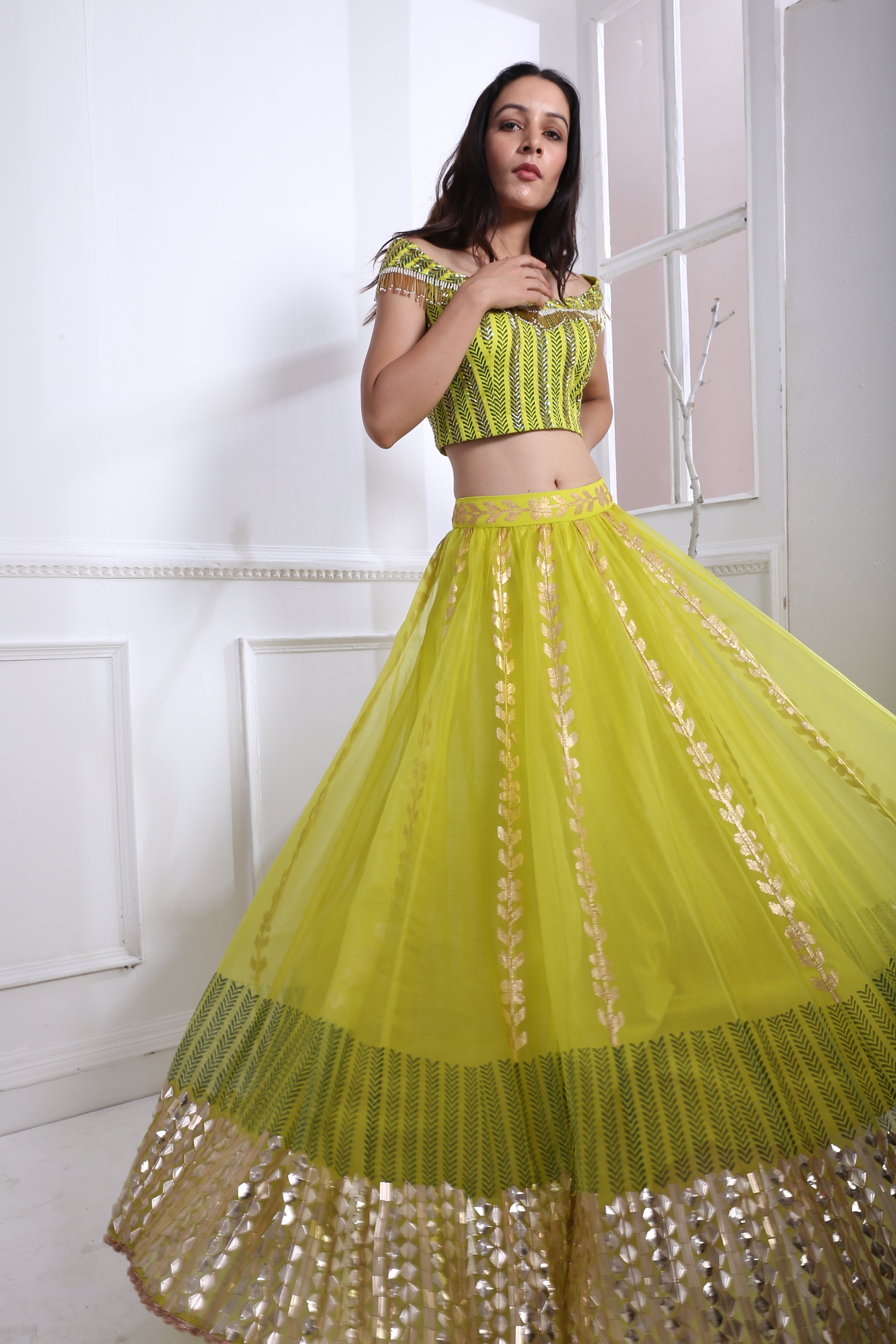 LIME ORGANZA GATHER LEHNGA SET