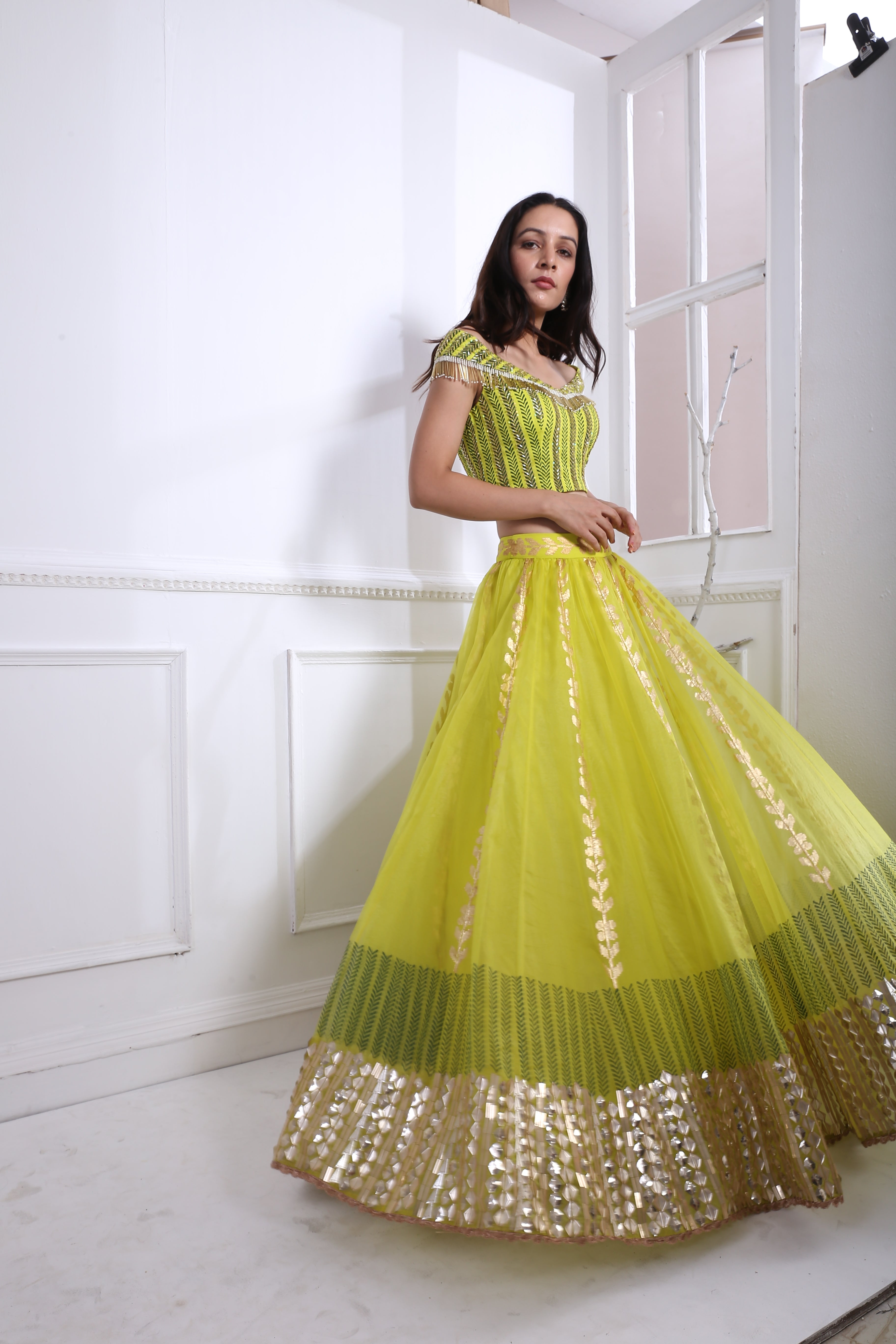 LIME ORGANZA GATHER LEHNGA SET