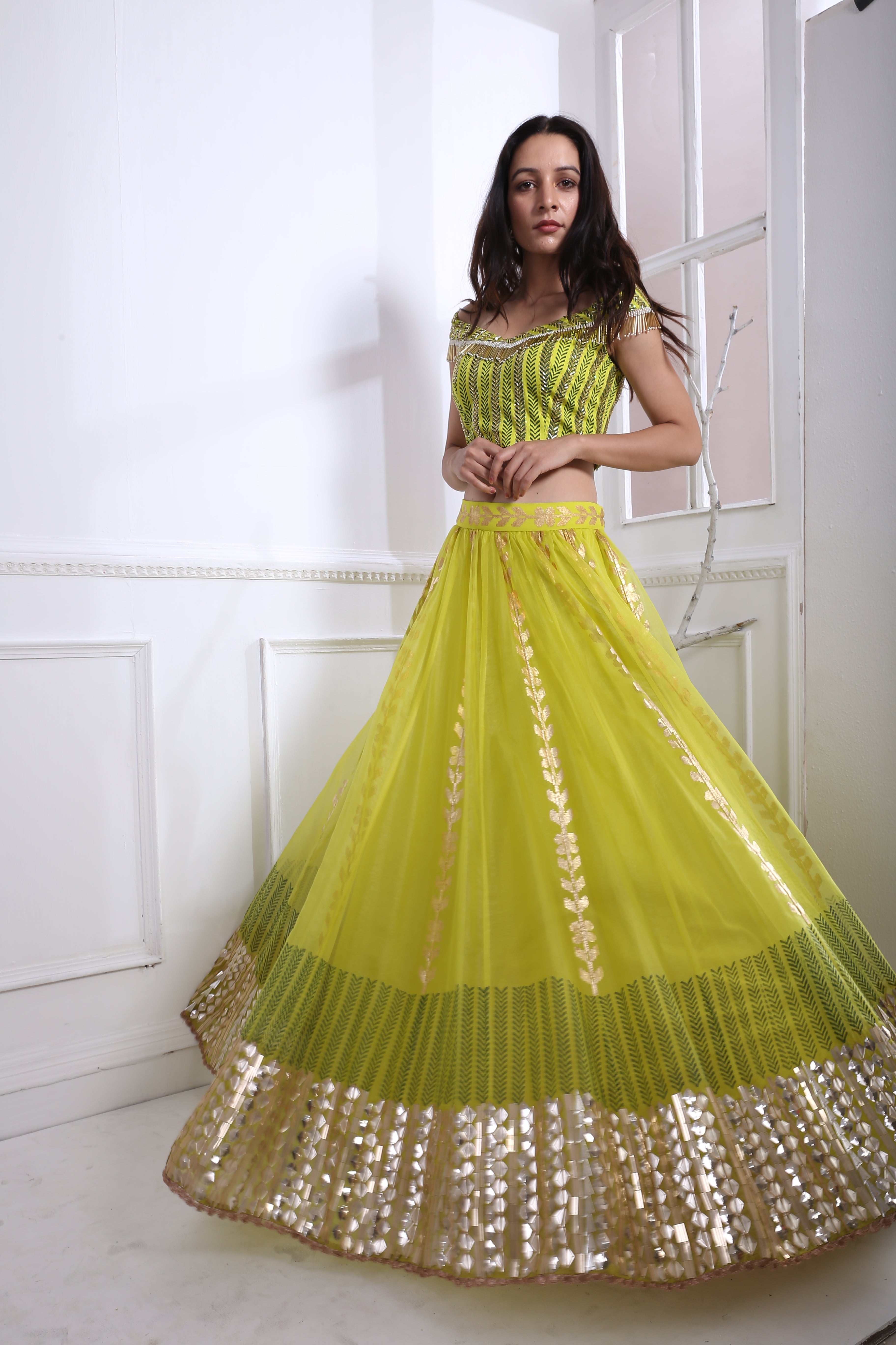 LIME ORGANZA GATHER LEHNGA SET