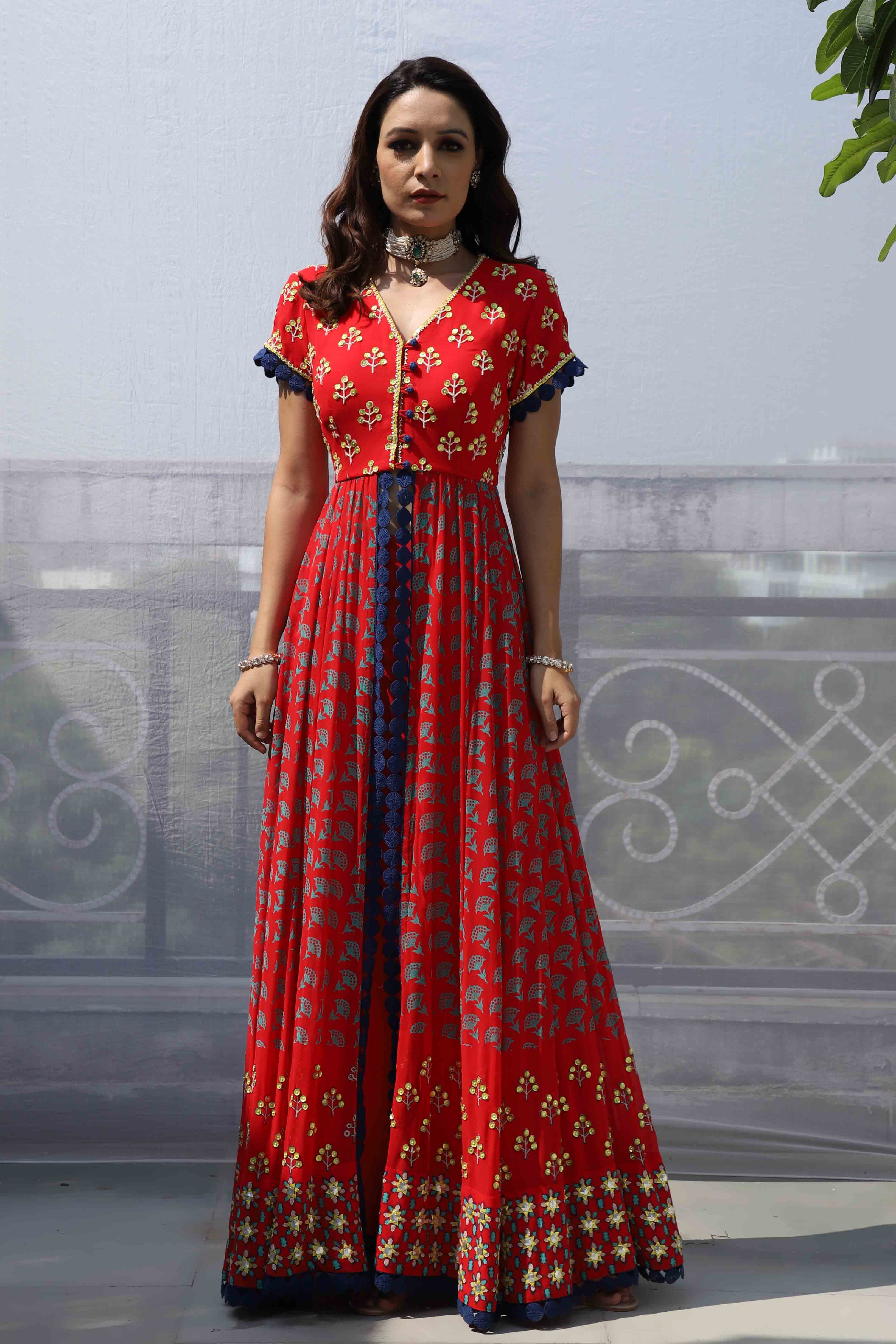 RED STAR MOTIF FRONT OPEN ANARKALI SET