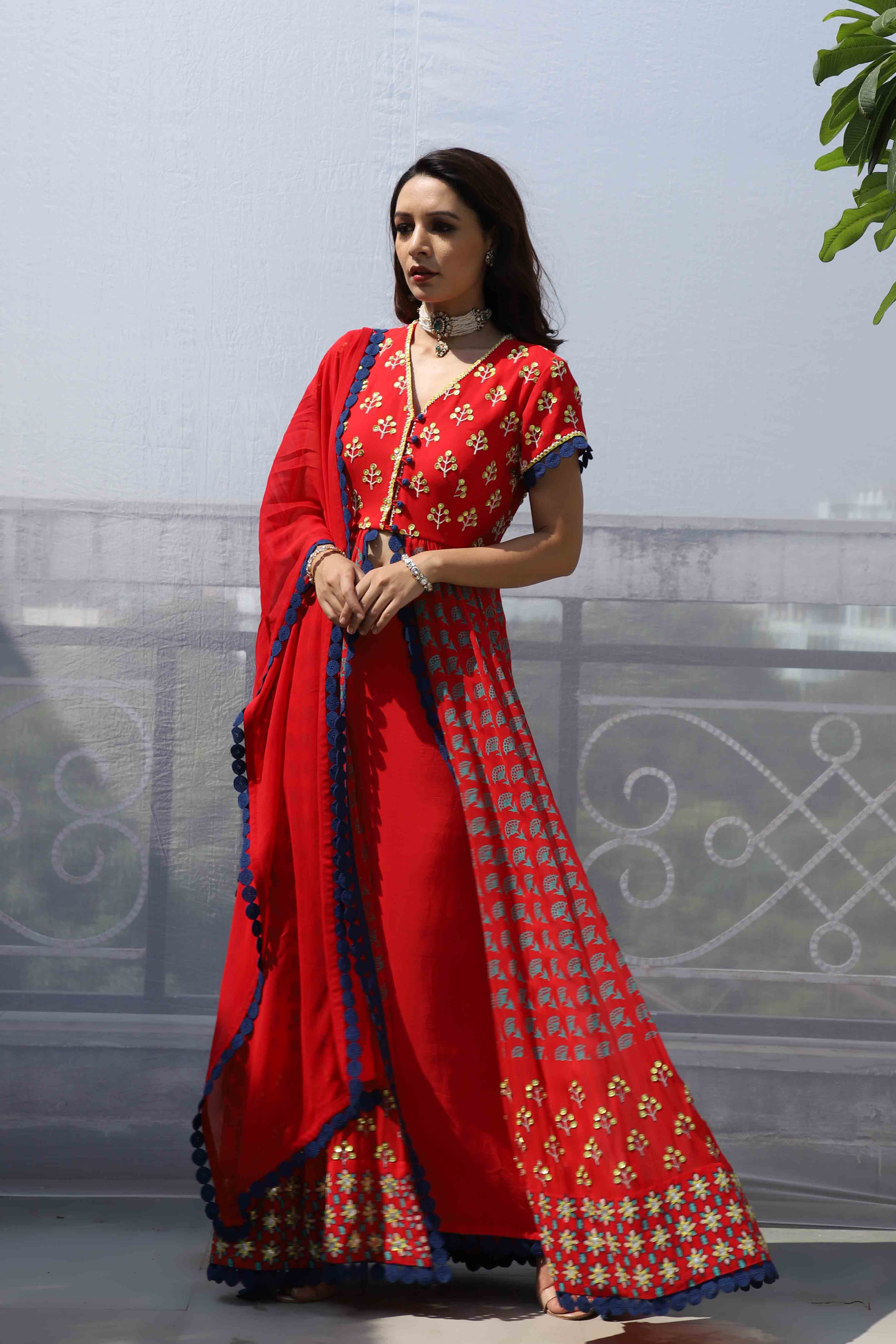 RED STAR MOTIF FRONT OPEN ANARKALI SET