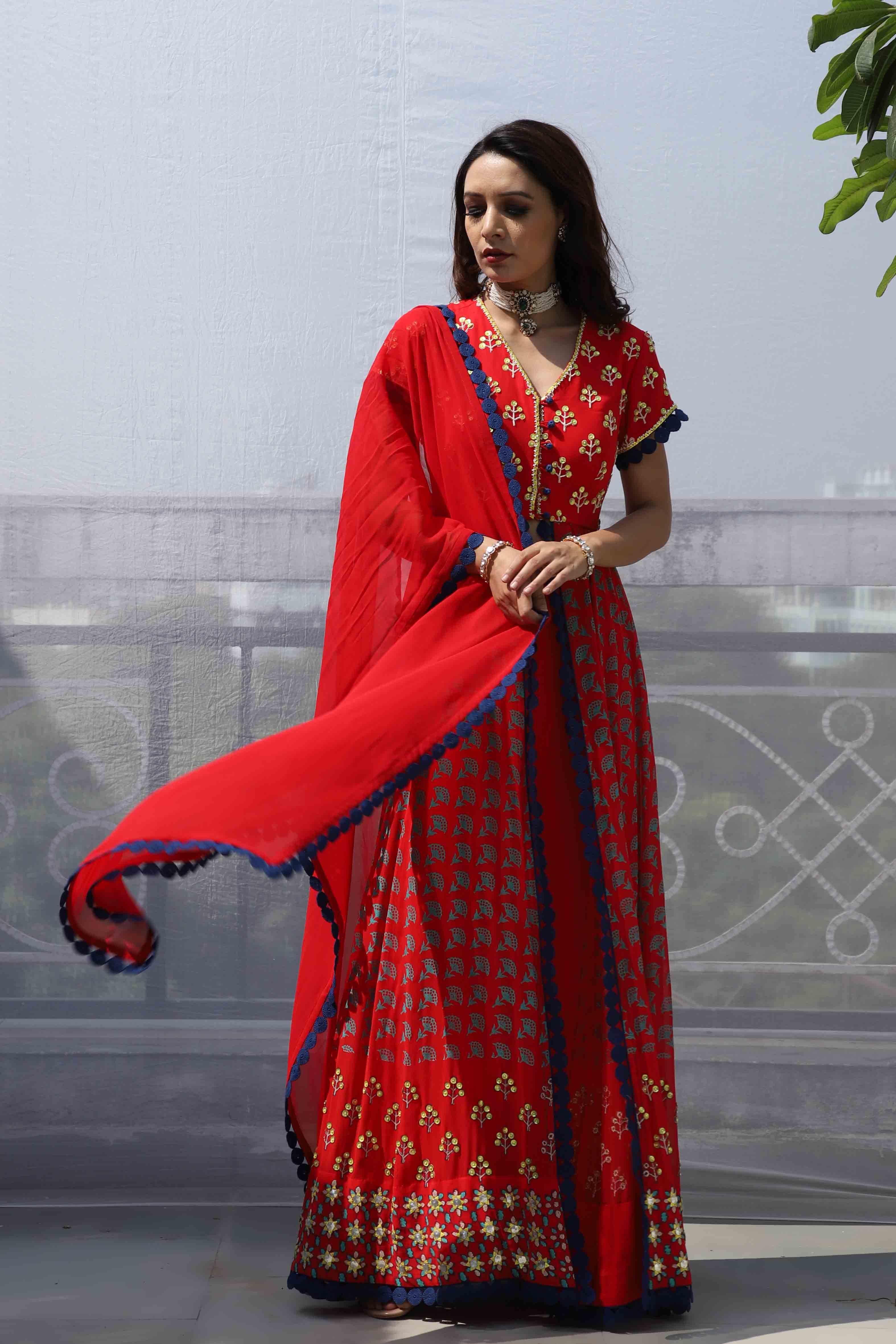 RED STAR MOTIF FRONT OPEN ANARKALI SET