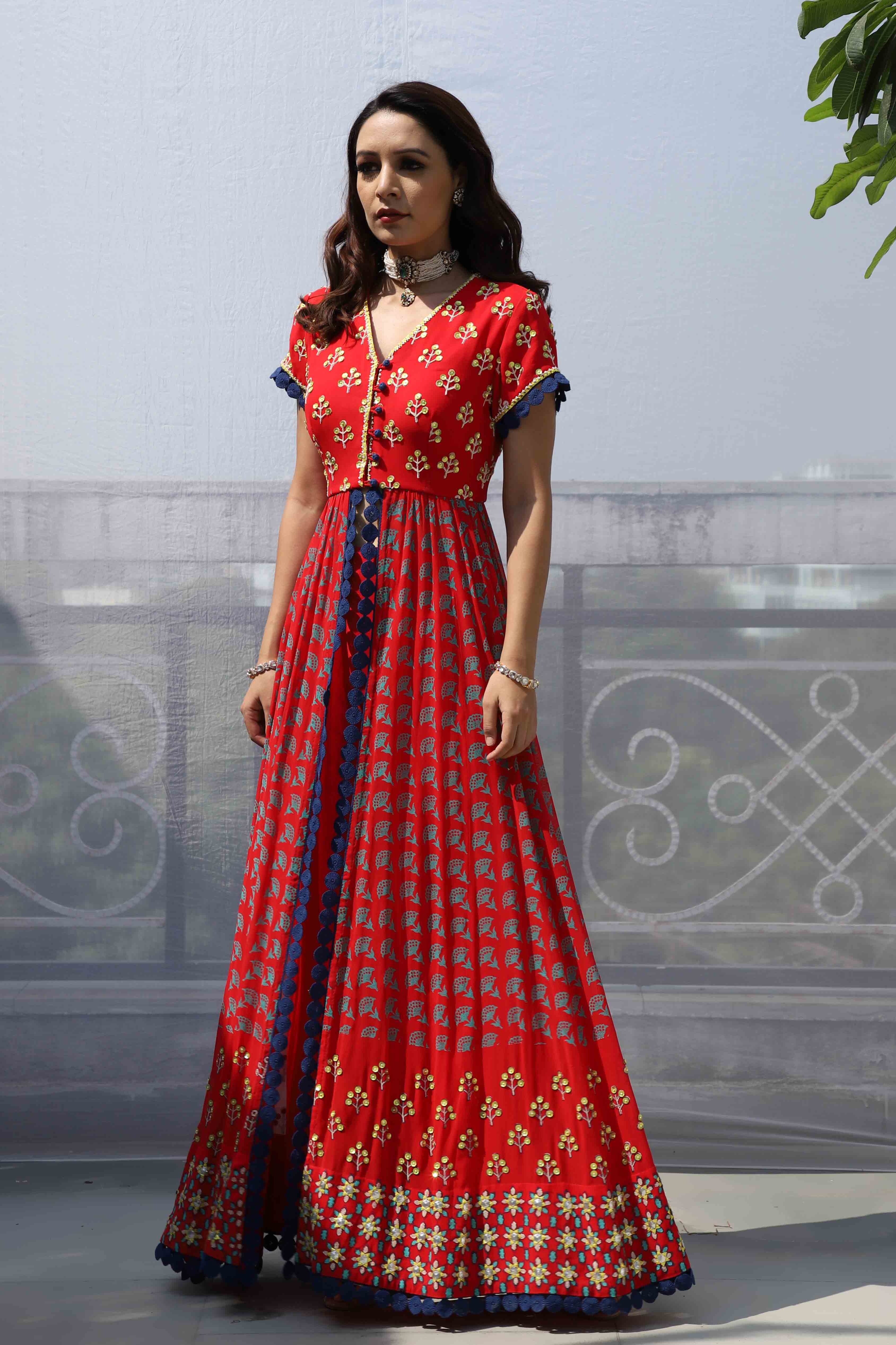 RED STAR MOTIF FRONT OPEN ANARKALI SET