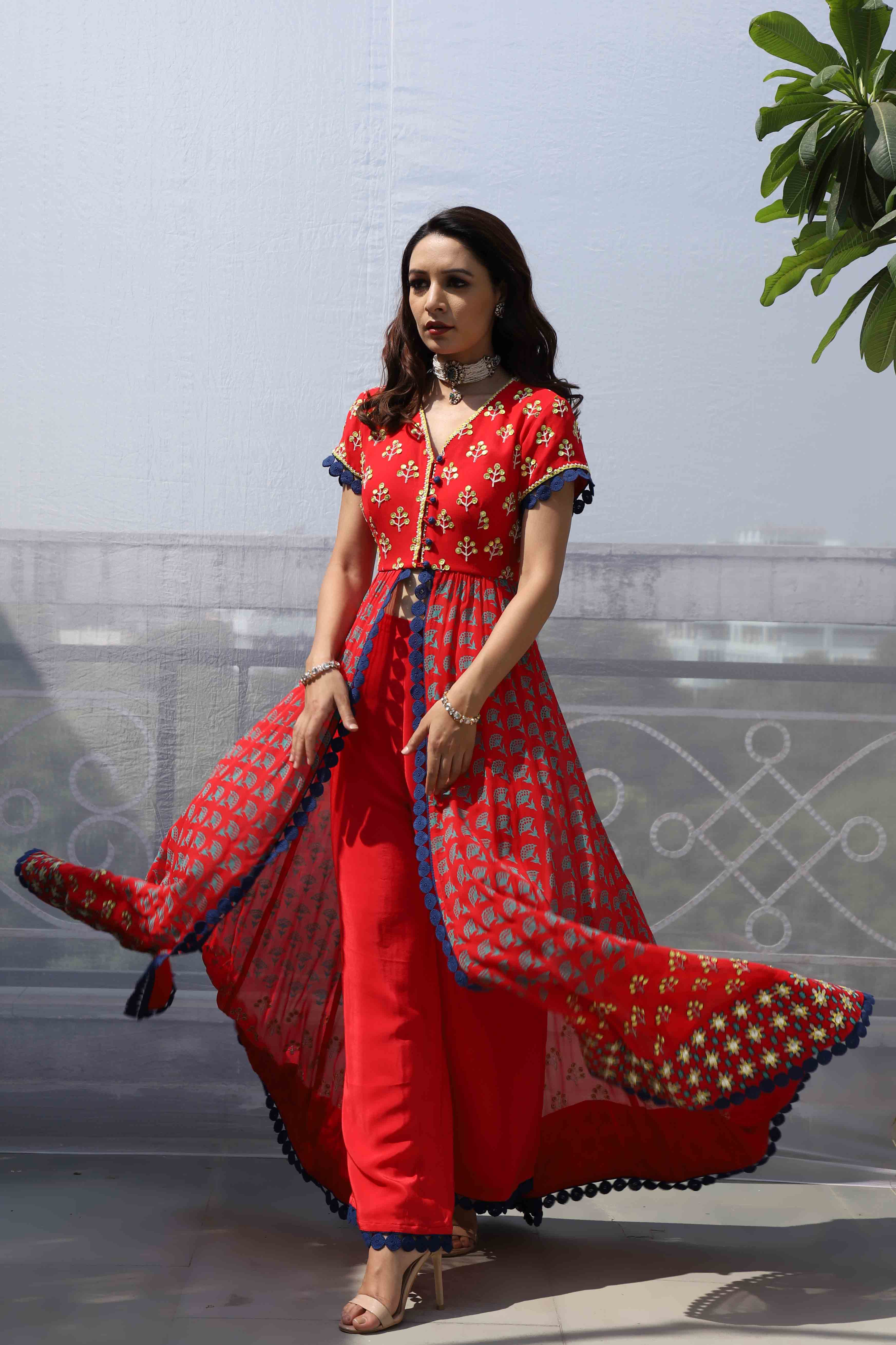 RED STAR MOTIF FRONT OPEN ANARKALI SET